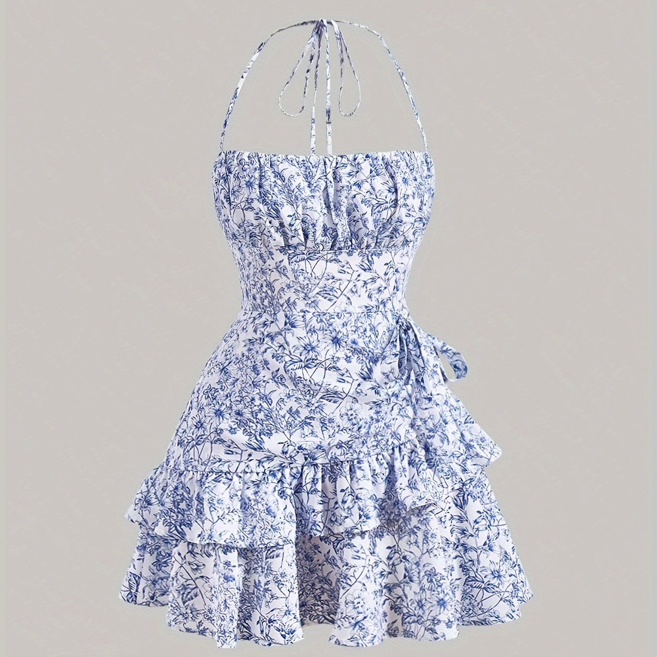 

Floral Print Layered Ruffle Hem Halter Dress, Elegant Sleeveless Dress For Spring & Summer, Women's Clothing