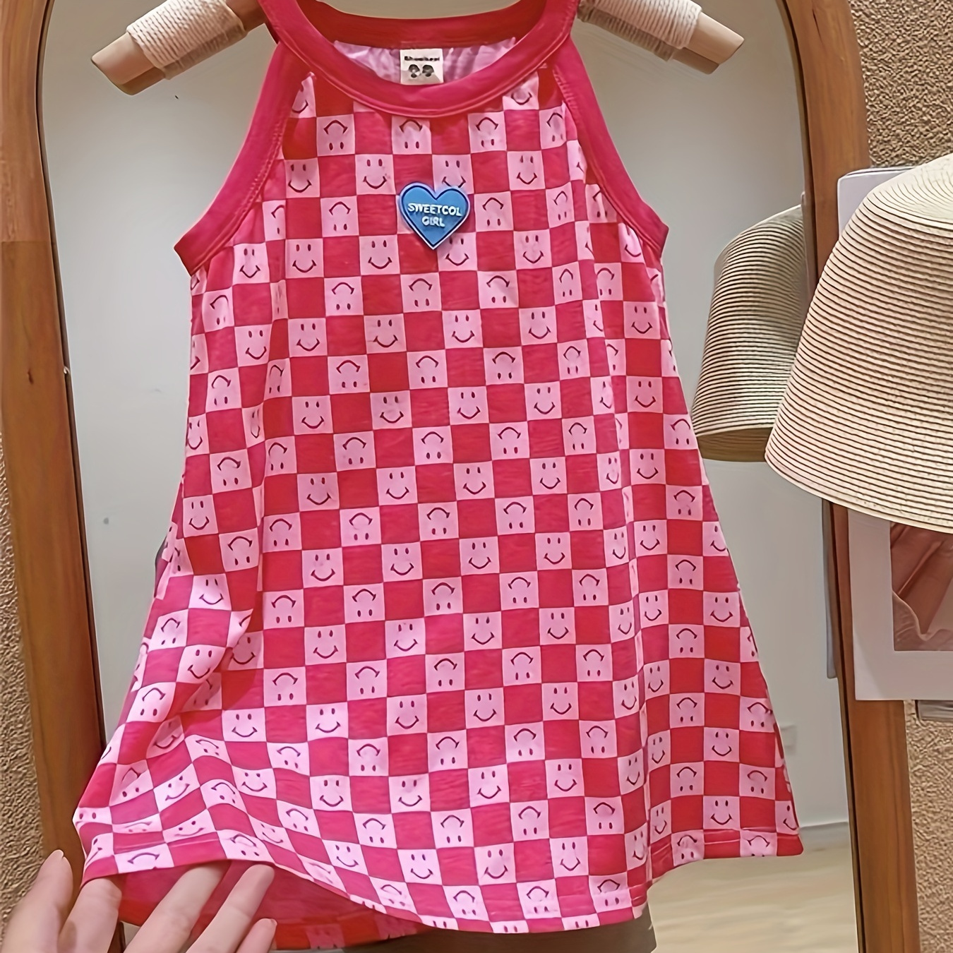 

100 % Cotton, Sweet Cartoon Face Graphic Halter Neck Sleeveless Dress For Girls Summer Holiday Outdoor Gift