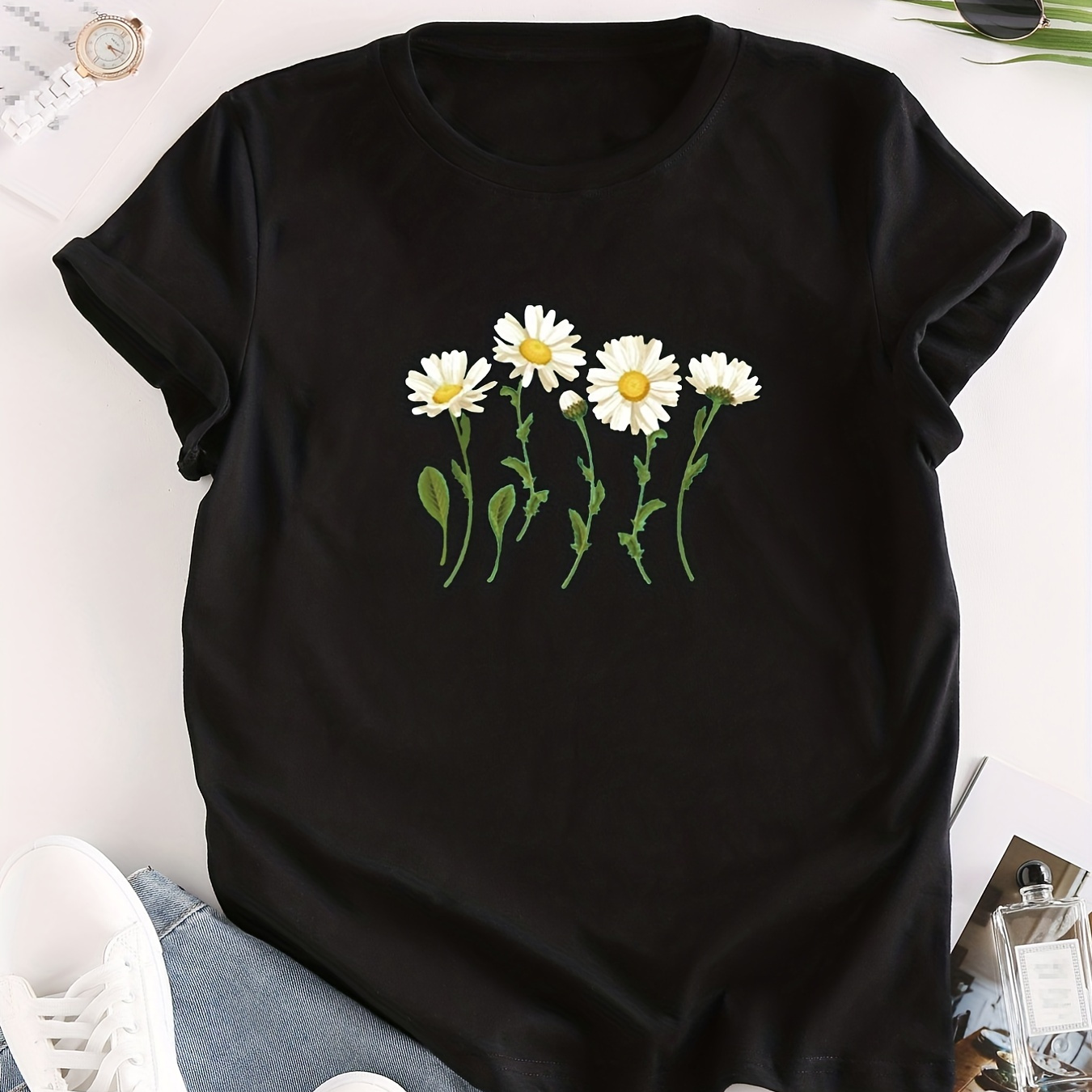 

Flower Print Crew Neck T-shirt, Casual Short Sleeve T-shirt For Spring & Summer, Women's Clothing