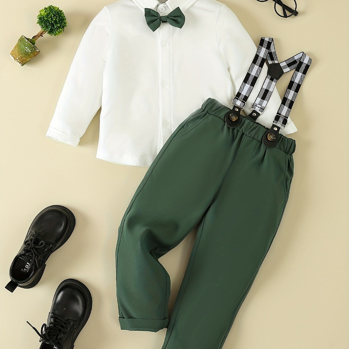 

Boy's Plaid Pattern Suspenders Gentleman Outfit, Bowtie Shirt & Overalls Set, Formal Wear For Speech Performance Birthday Party, Kid's Clothes