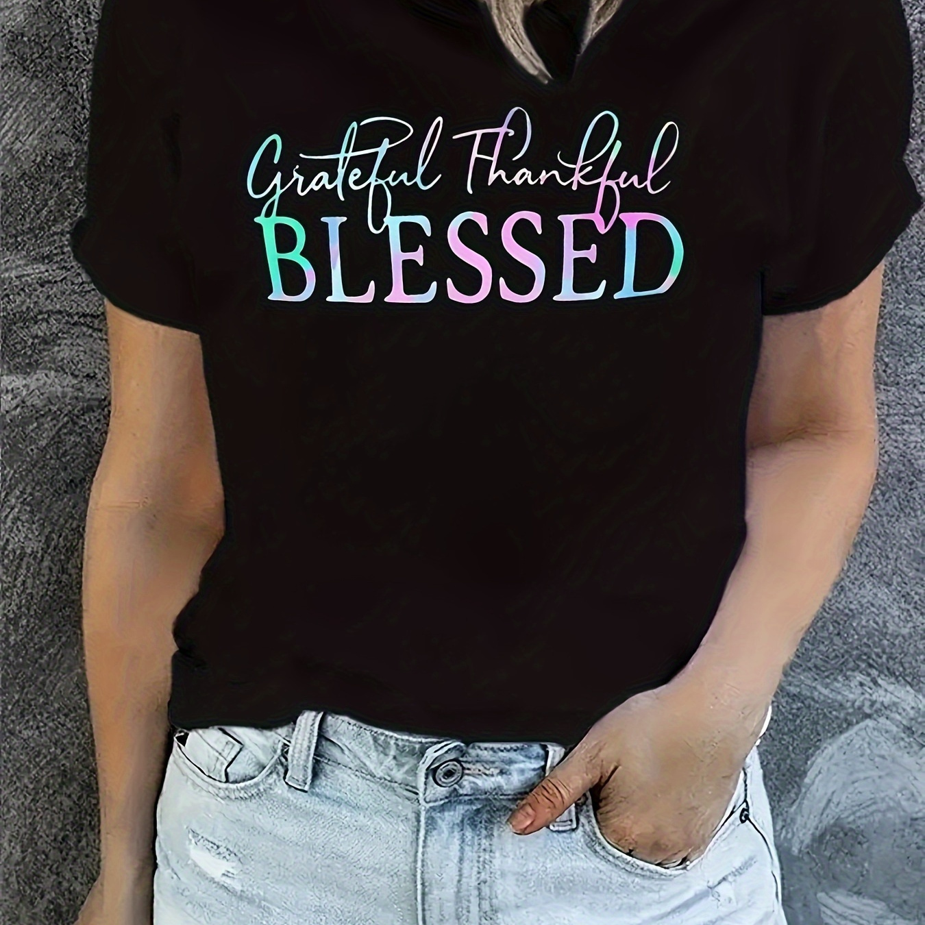 

Plus Size Blessed Print T-shirt, Casual Crew Neck Short Sleeve T-shirt, Women's Plus Size clothing