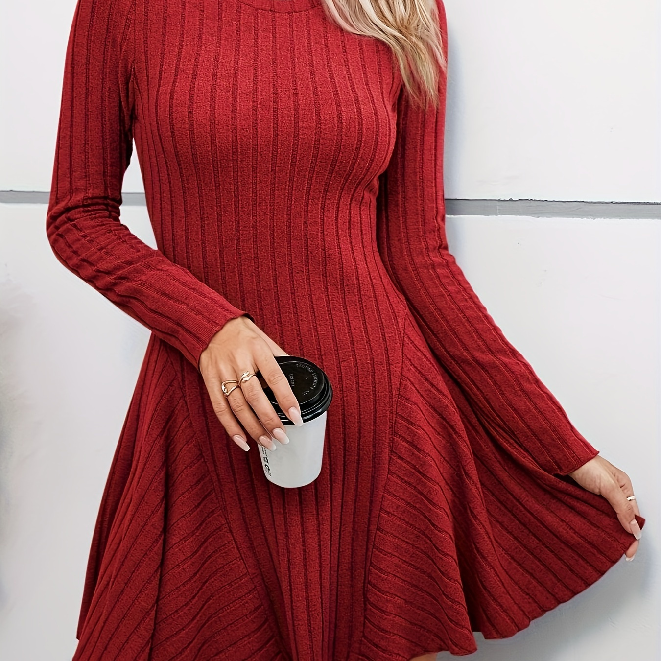 

Rib Knit Long Sleeve Flare Dress, Casual Crew Neck Dress For Spring & Summer, Women's Clothing