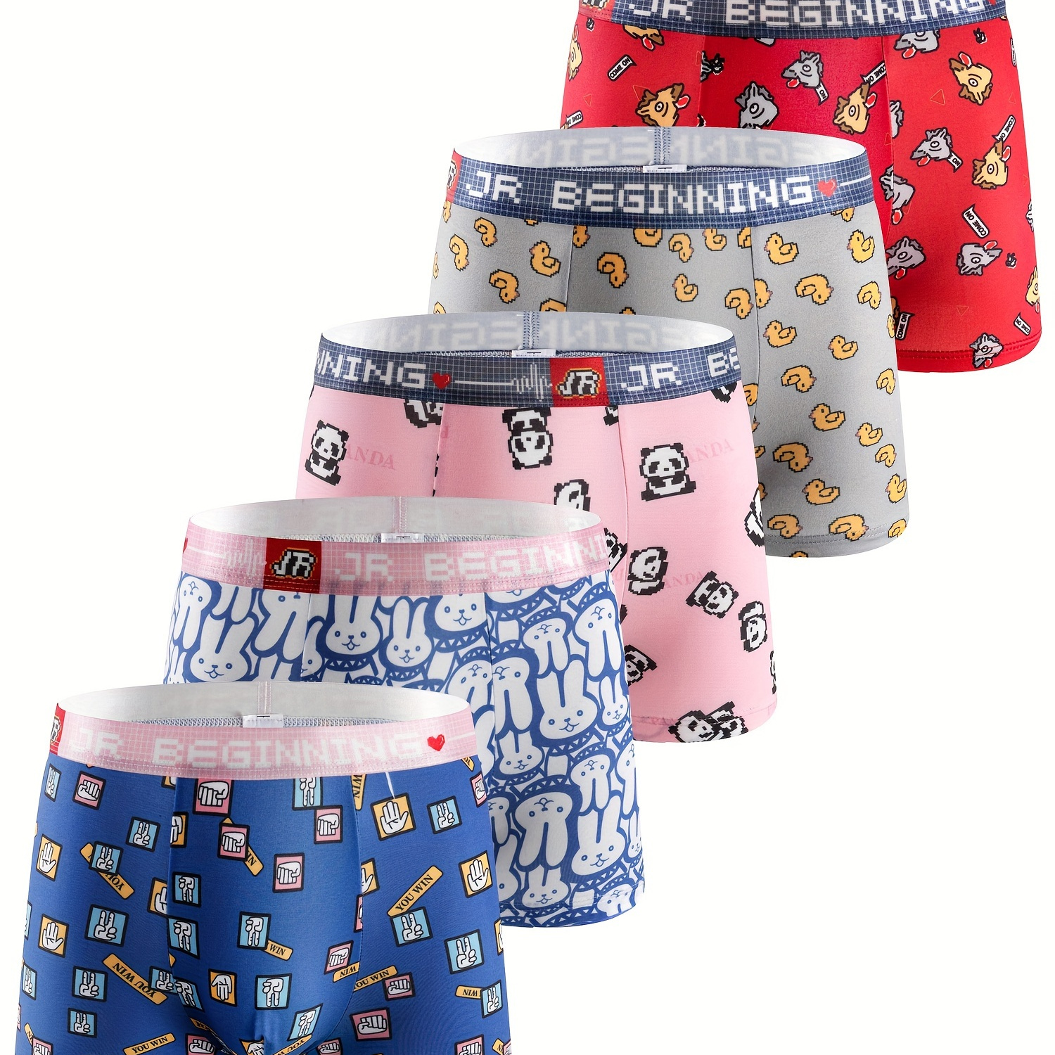 

5pcs Cute Panda Rabbit Duck Pattern Men's Antibacterial Underwear, Casual Boxer Briefs Shorts, Breathable Comfy Stretchy Boxer Sports Shorts