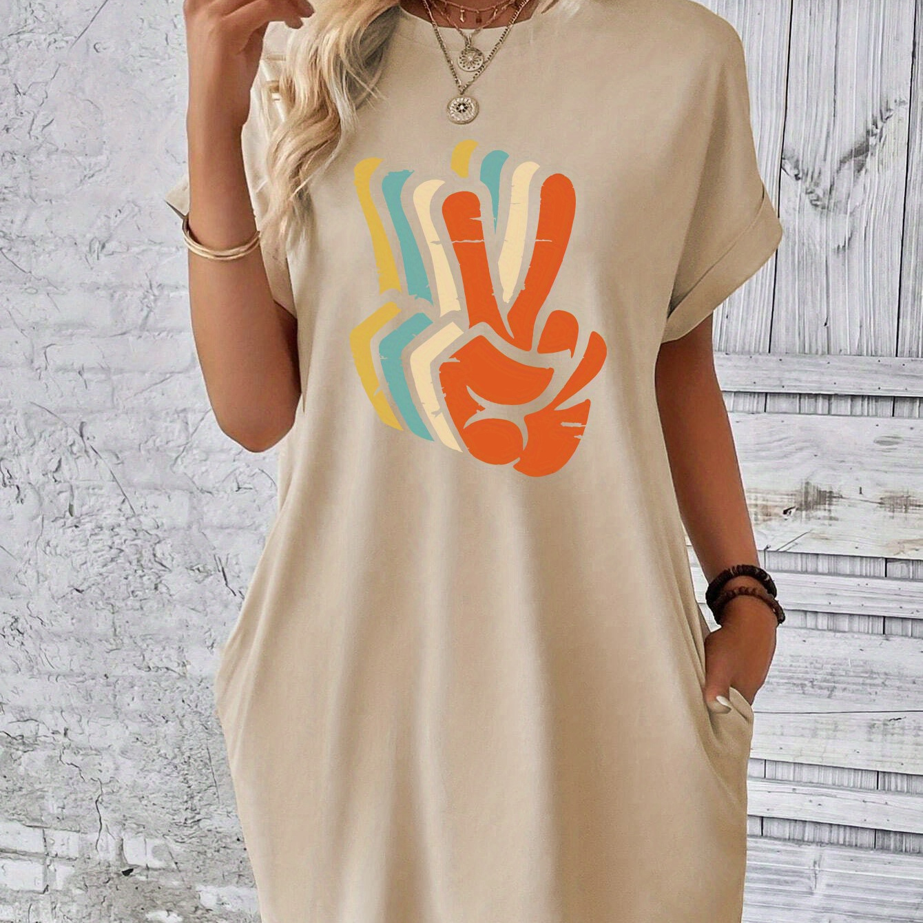 

Peace Sign Print Pocket Tee Dress, Batwing Sleeve Crew Neck Casual Dress For Summer & Spring, Women's Clothing