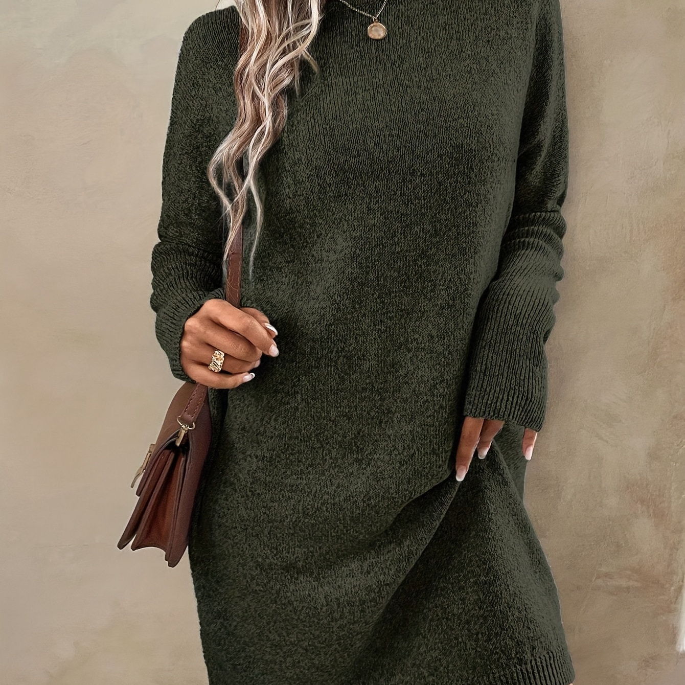 

Solid Color Long Sleeve Dress, Casual Crew Neck Above Knee Sweater Dress For Spring & Fall, Women's Clothing