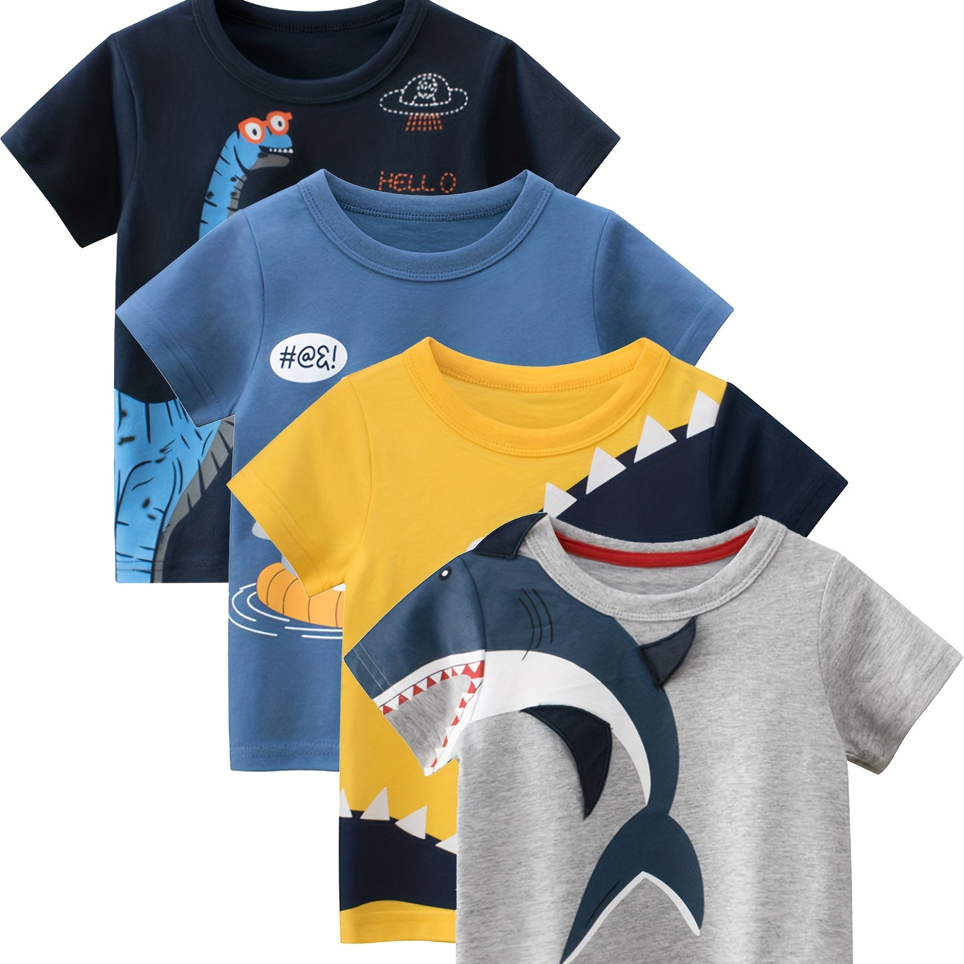 

4pcs Cute Cartoon Shark And Dinosaur Print Boys Comfy T-shirt, Cool, Versatile & Smart Short Sleeve Tee