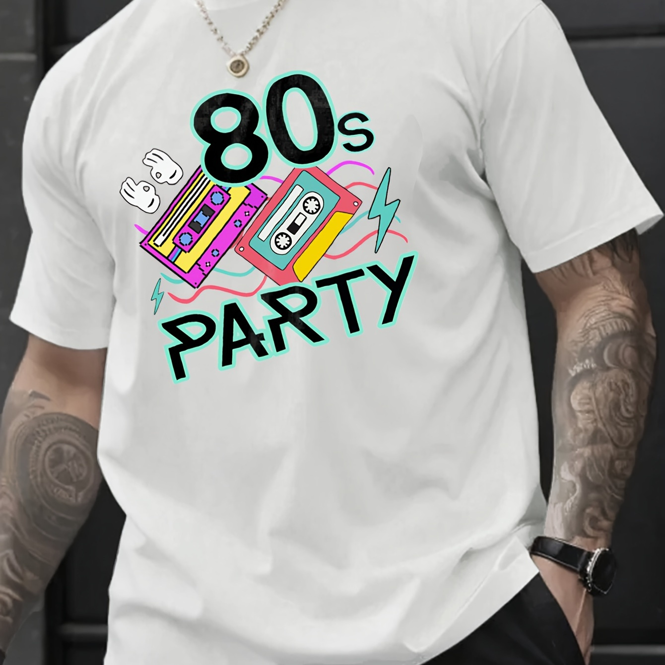 

80s Party" Creative Print Casual Novelty T-shirt For Men, Short Sleeve Summer& Spring Top, Comfort Fit, Stylish Streetwear Crew Neck Tee For Daily Wear
