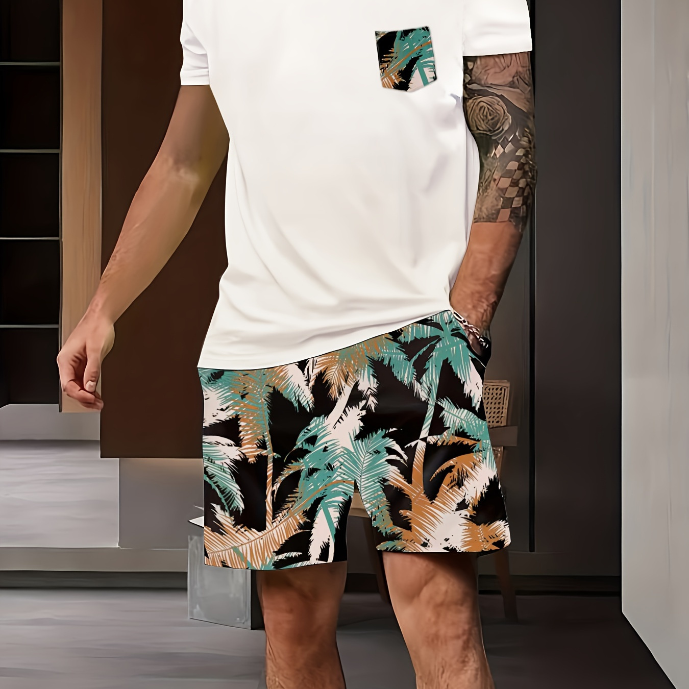 

2-piece Men's Stylish Summer Vacation Outfit Set, Men's Short Sleeve T-shirt With Creative Chest Pocket & Leaves Pattern Shorts Set