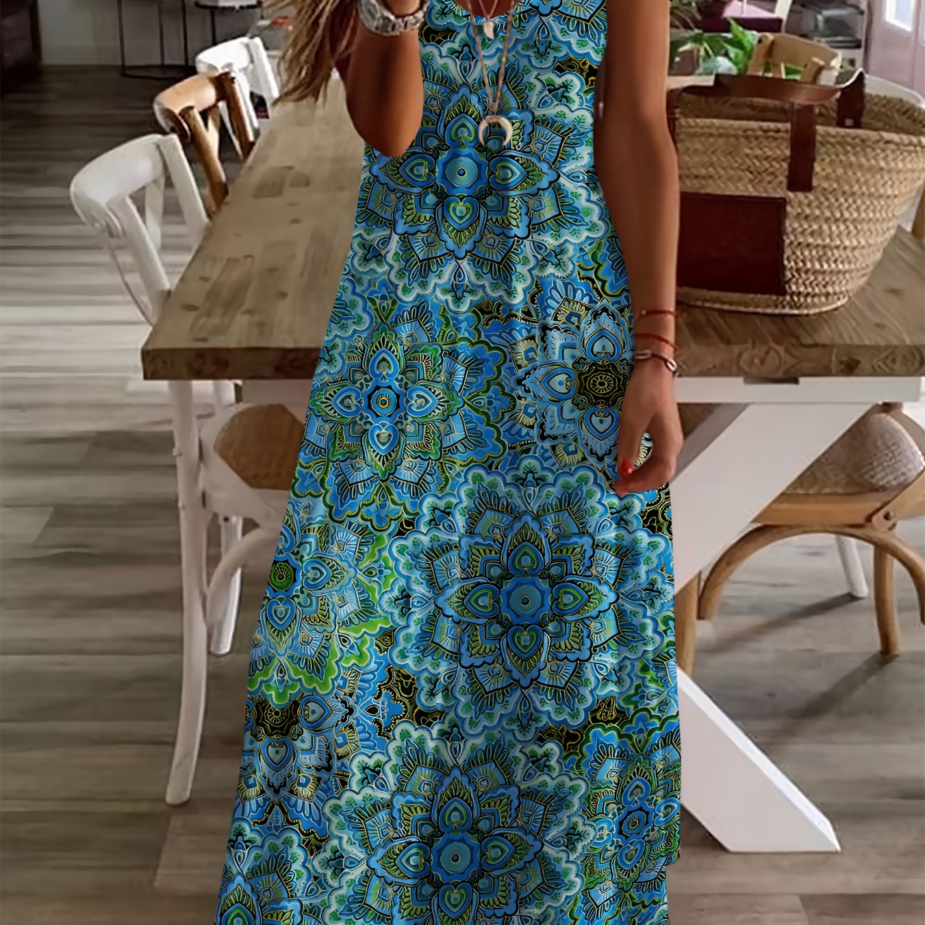 

Mandala Print V-neck Maxi Dress, Casual Short Sleeve Dress For Summer & Spring, Women's Clothing