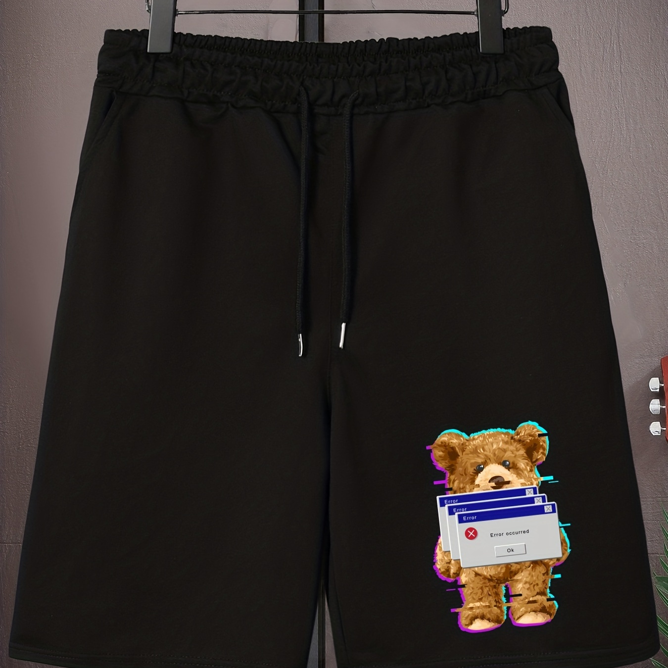 

Men's Plus Size Drawstring Shorts, Cartoon Bear & Computer Error Pattern Print Oversized Elastic Short Sports Pants For Big And Tall Guys, Spring & Summer Wear