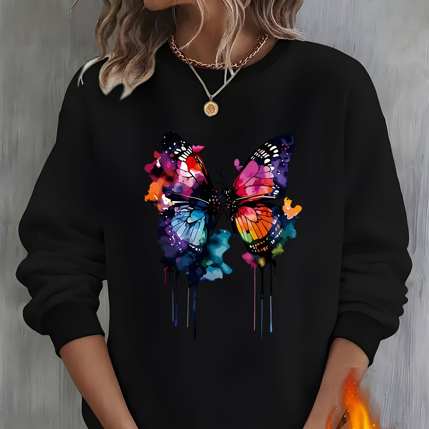 

1pc Élégant Sweat-shirt à manches longues et col rond imprimé papillon pour femme, tissu en de polyester, pull toutes