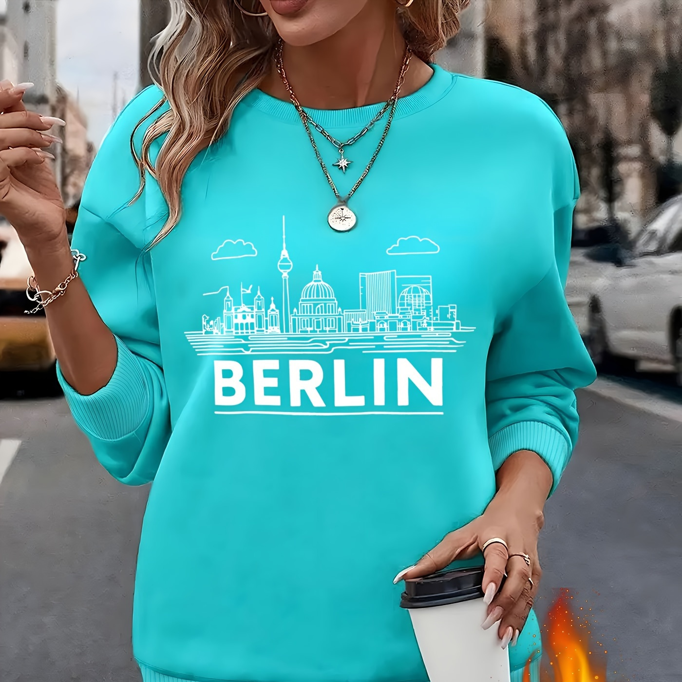 

Letter Sweatshirt For - Fleece-lined Long , Washable