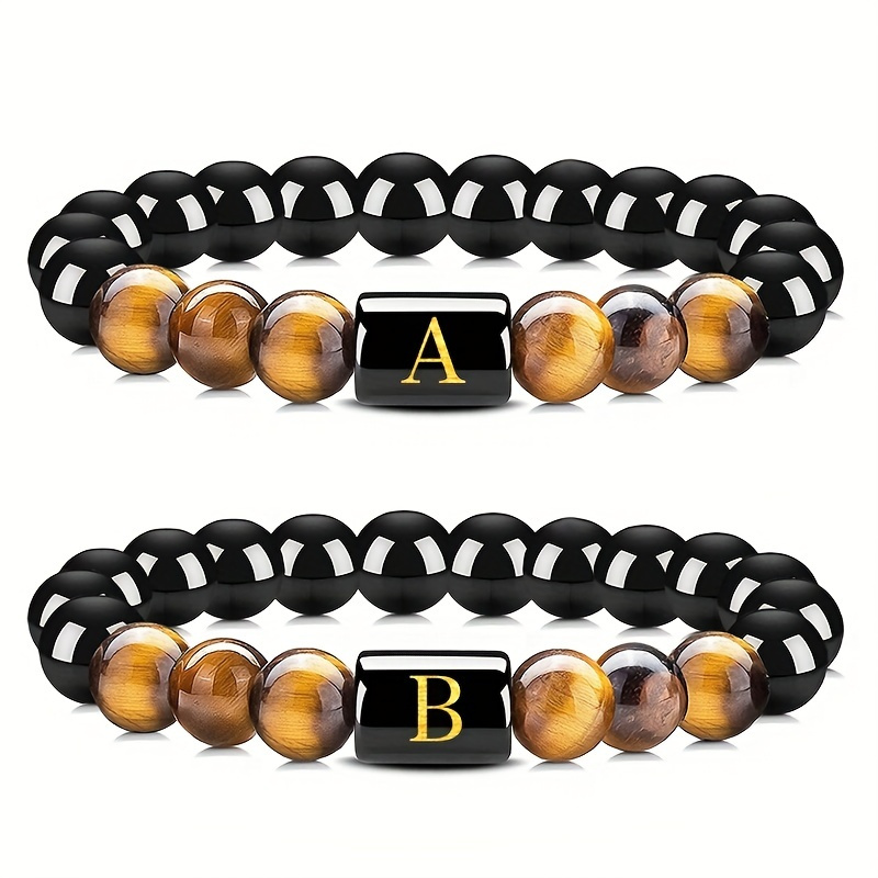 

Natural Tiger Eye Stone 26 Letters Obsidian Elastic Rope Bracelet For Men