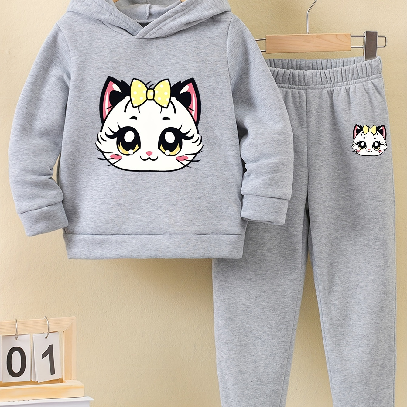 

Girls' 2pcs Hoodie & Sweatpants Set, Cartoon Cute Cat Print, Comfortable Fashion Tracksuit, Spring/autumn Outfit, Girls' Sportswear