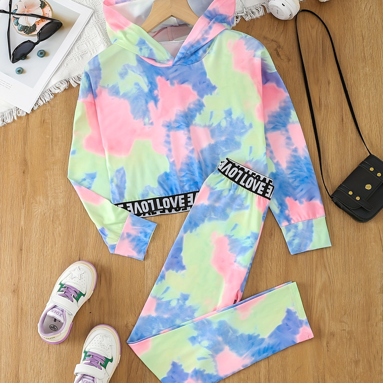 

Girl's Tie Dye 2pcs, Hoodie & Sweatpants Set, Love Print Long Sleeve Top, Casual Outfits, Kids Clothes For Spring Fall