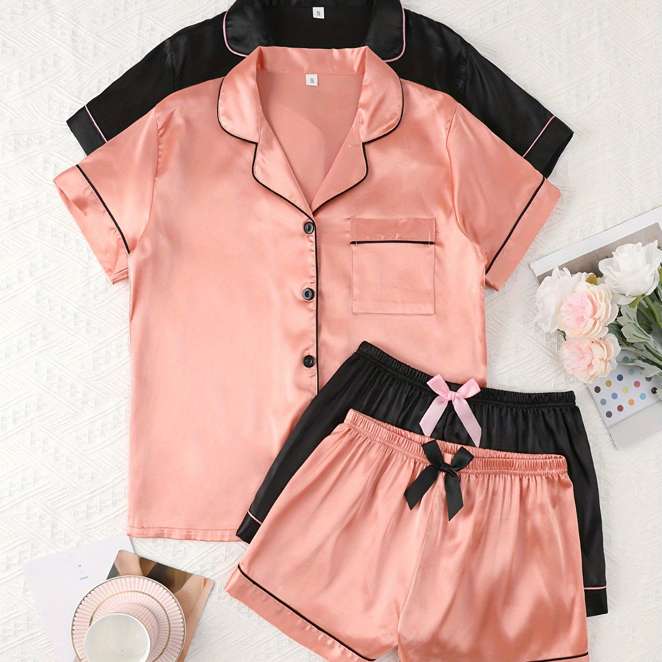 

2 Sets Women's Solid Satin Casual Pajama Set, Short Sleeve Buttons Lapel Top & Bow Decor Shorts, Comfortable Relaxed Fit