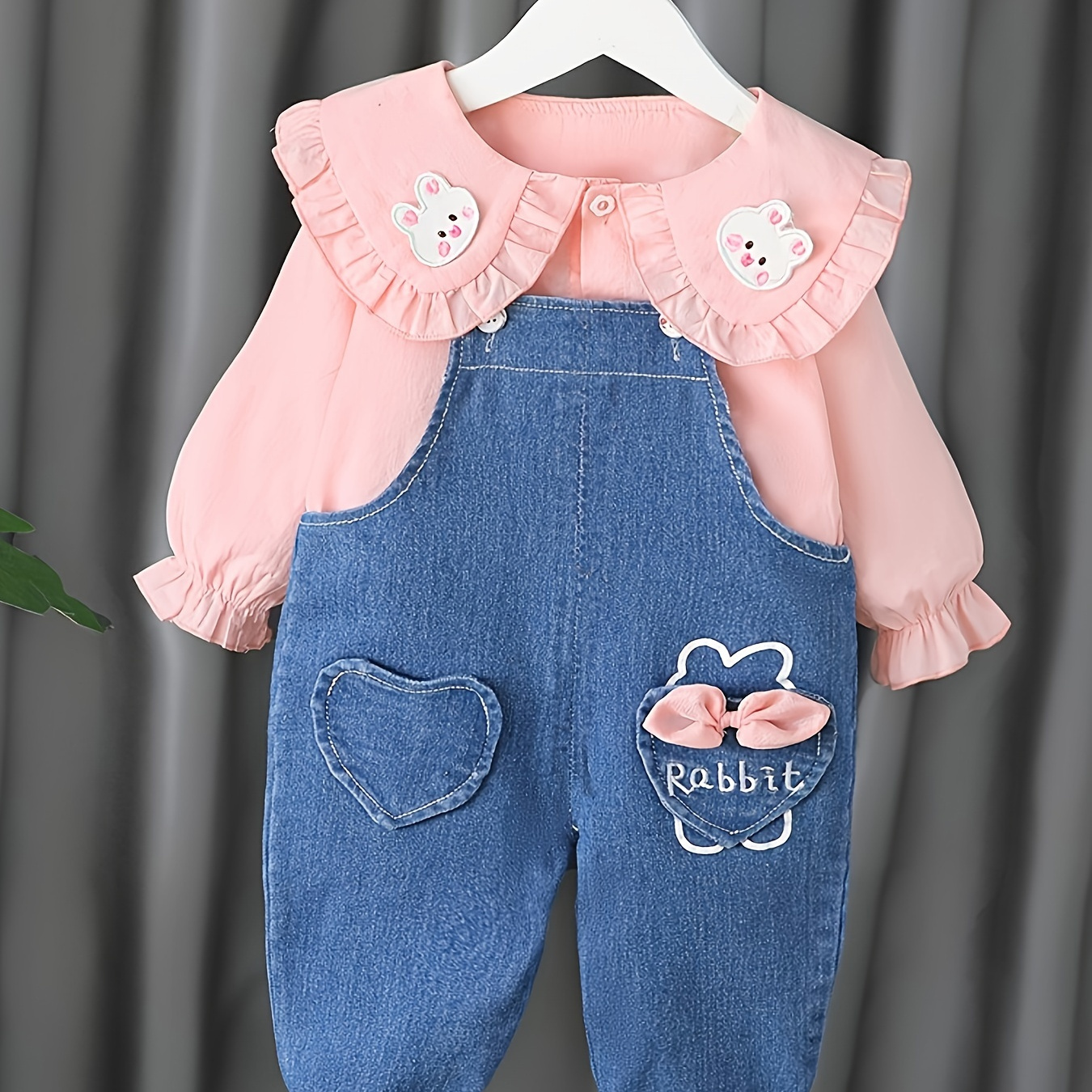 

2pcs Baby's Rabbit Embroidery Denim Overalls + Blouse, Toddler & Infant Girl's Clothing Set For Spring Fall