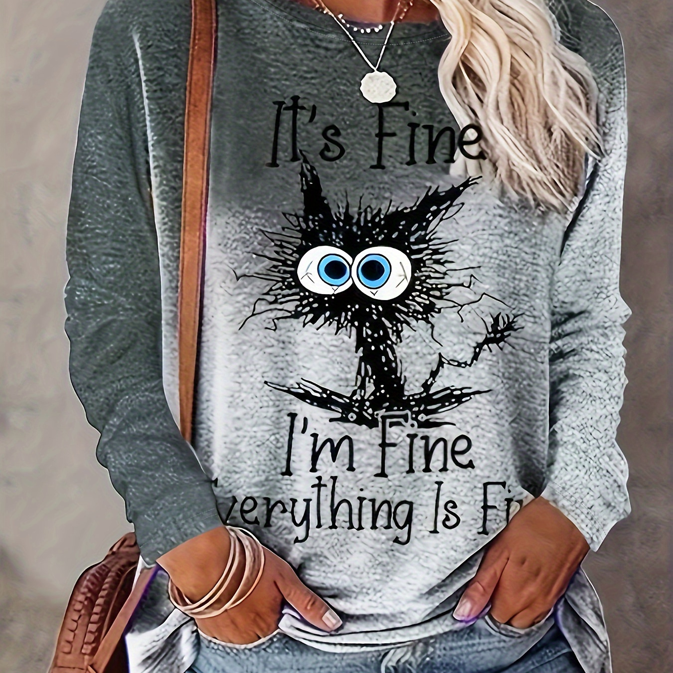 

Cat Print Crew Neck T-shirt, Casual Long Sleeve T-shirt For Spring & Fall, Women's Clothing