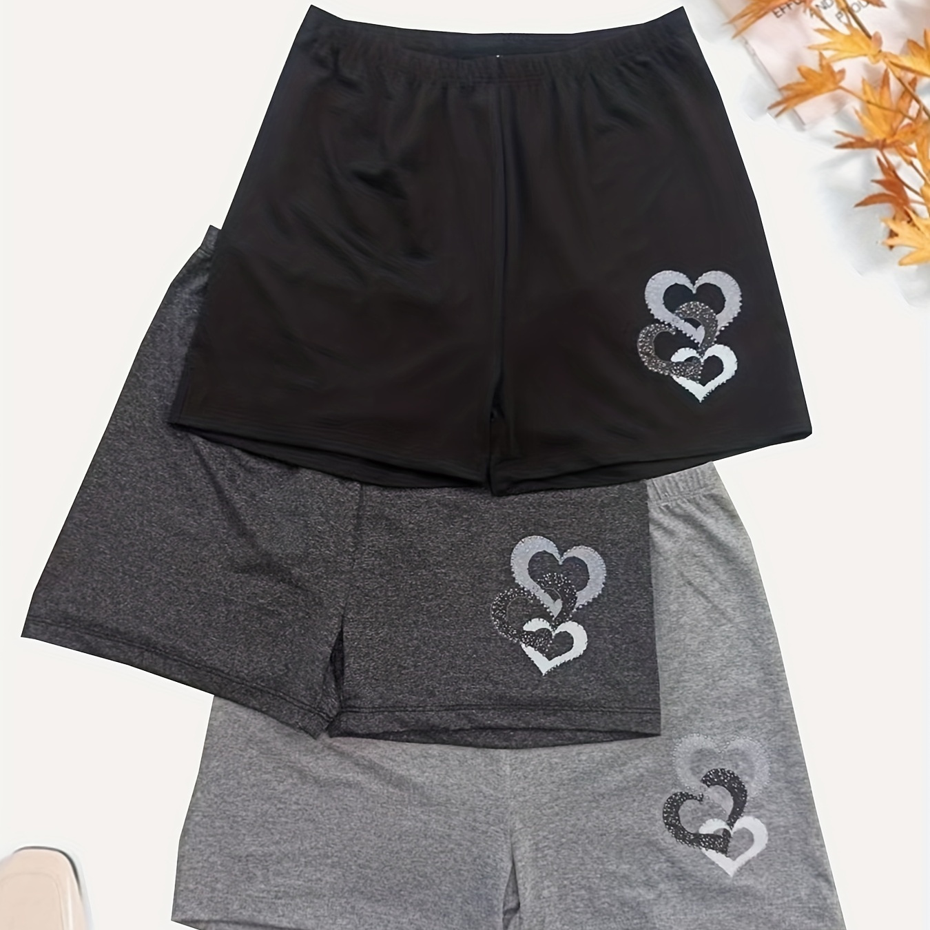 

3 Packs Heart Print Slim Shorts, Casual Shorts For Spring & Summer, Women's Clothing
