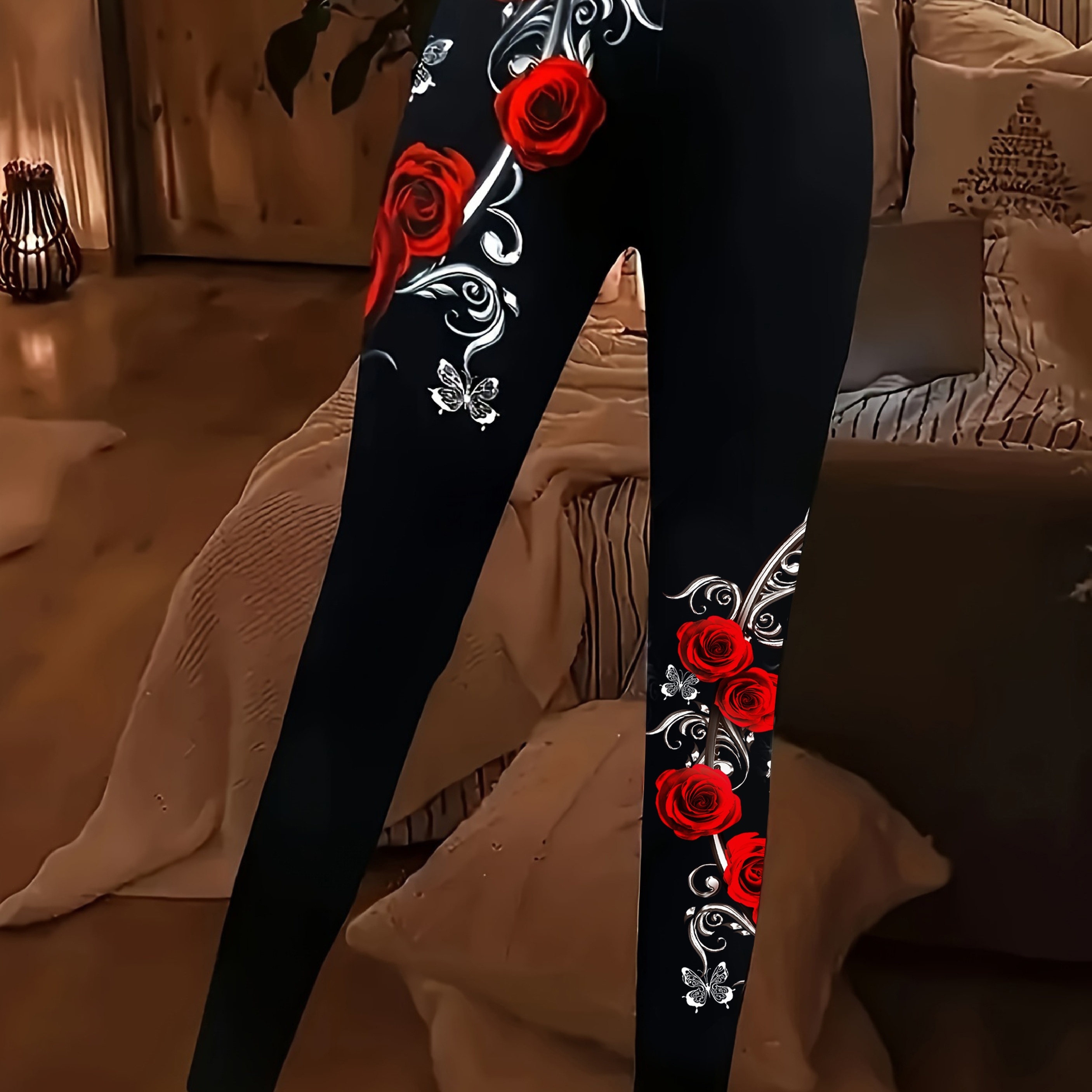 

Leggings imprimés floraux grande taille, leggings extensibles décontractés à taille haute pour le printemps et l'été, vêtements grande taille pour femmes