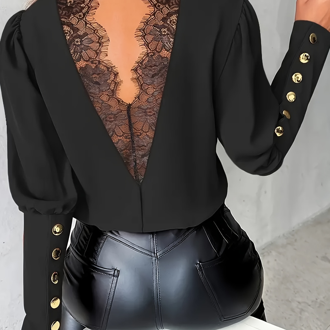 

Elegant Black Lace-trimmed Blouse With Decorative Buttons - Mock Neck, Sleeves, Backless Design - Ideal For Evening Dates & - Polyester, Machine Washable, Top|decorative Button Detail|polyester Fabric