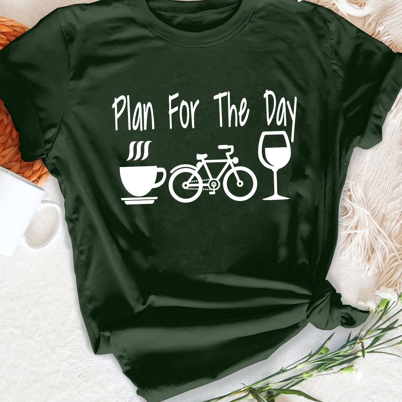 

Coffee & Bike Print Short Sleeve T-shirt, Casual Crew Neck Top For Summer & Spring, Women's Clothing