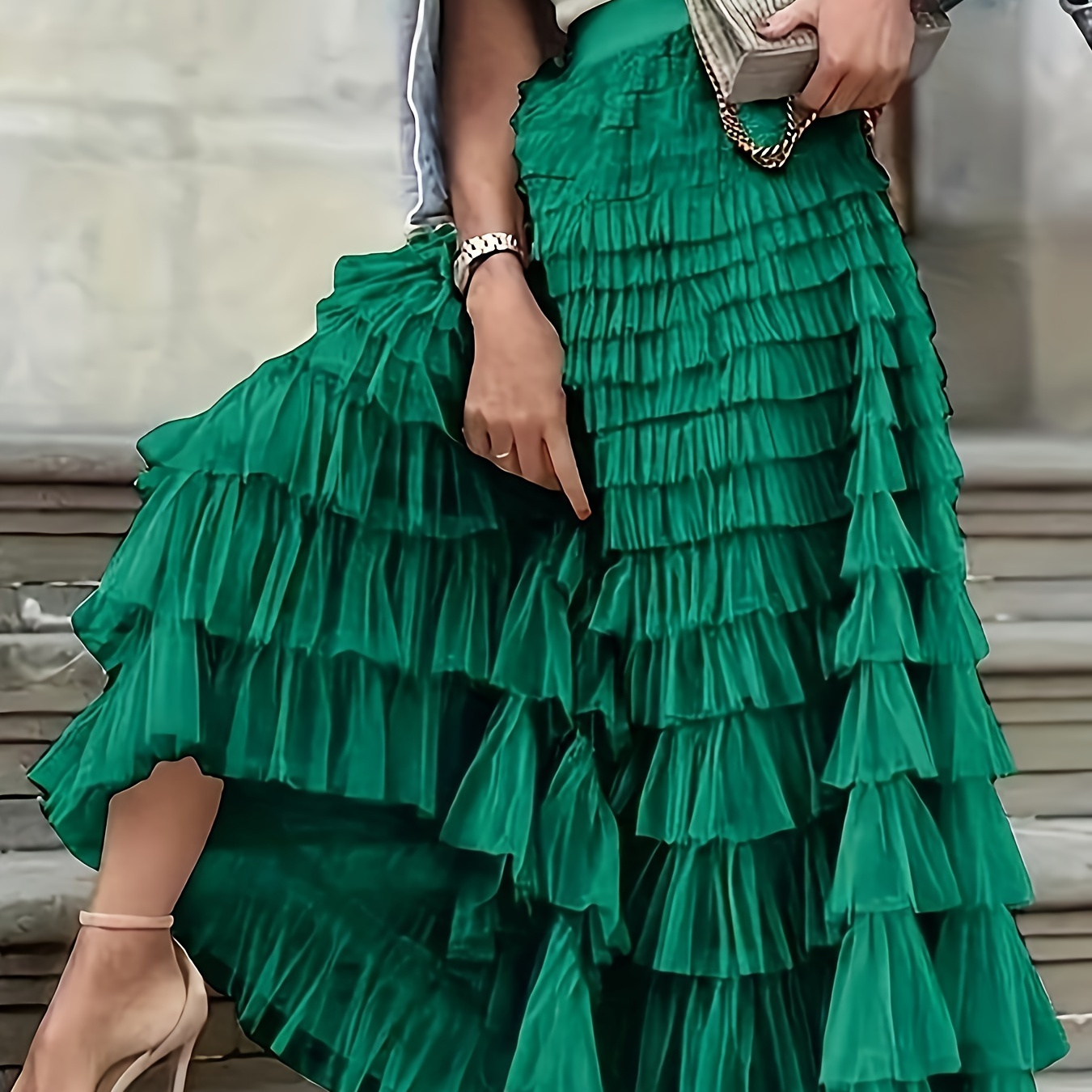 

Elegant Green Tulle Maxi Skirt With Waist - Women's Flowy Ruffle- Skirt, Spring/summer/fall Events And Casual