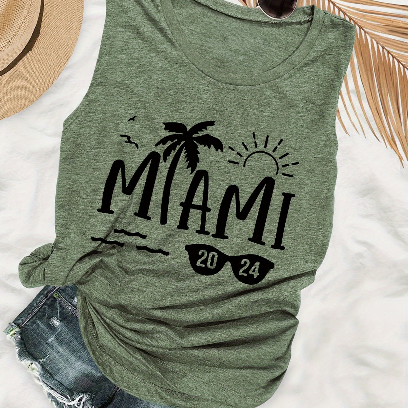 

Miami Print Tank Top, Sleeveless Casual Top For Summer & Spring, Women's Clothing