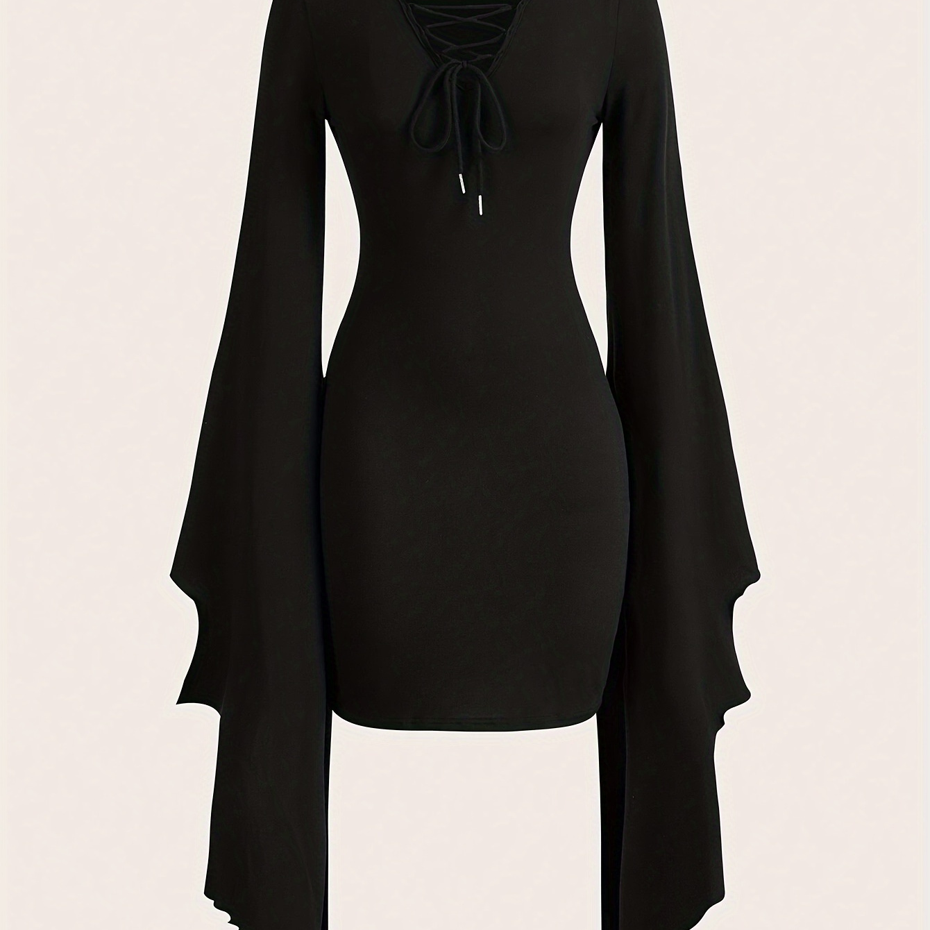 

Lace Up V Neck Bodycon Dress, Elegant Bell Sleeve Mini Dress For Party & Club, Women's Clothing