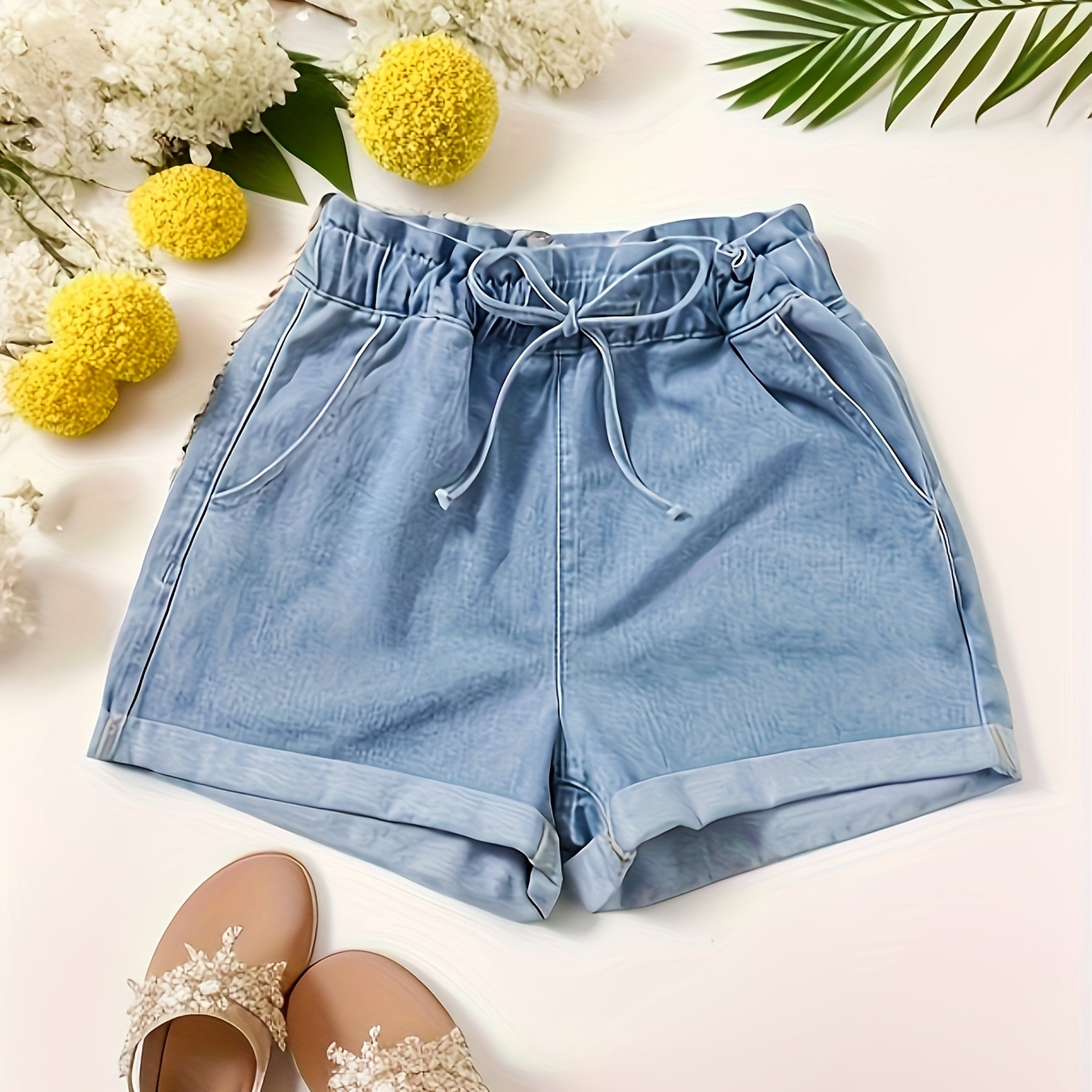 

Women's Casual Denim Shorts, Elastic Waist With Drawstring, Cuffed Hem Jean Shorts, Summer Fashion, Easy Fit