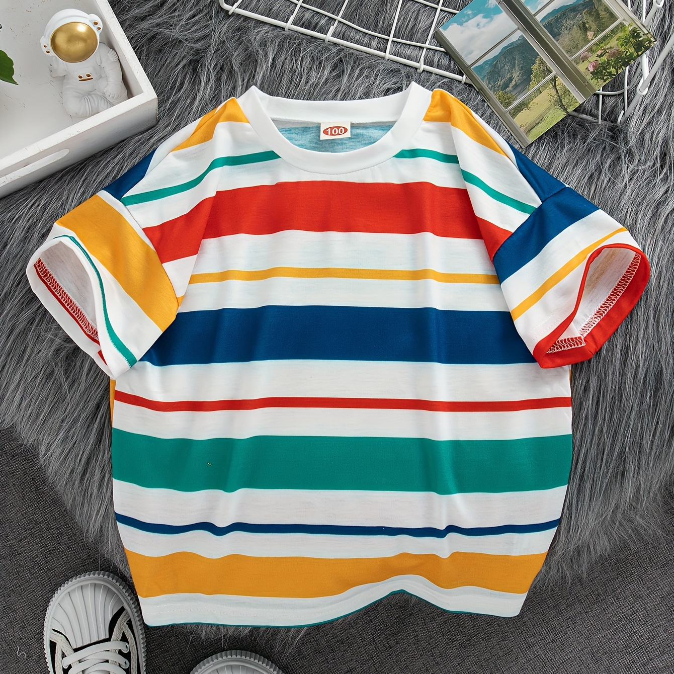 

Colorful Stripe Pattern T-shirt For Boys, Casual Short Sleeve Top, Boy's Clothing