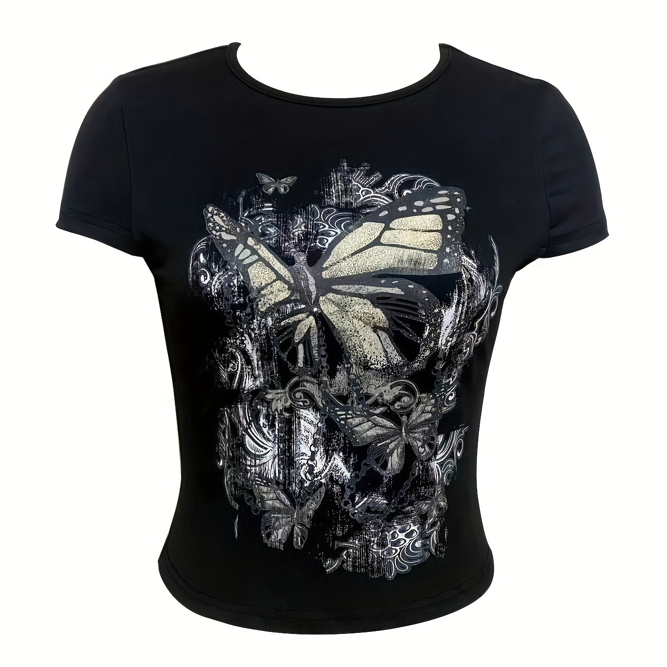 

Butterfly Print Crew Neck T-shirt, Y2k Short Sleeve Skinny T-shirt, Women's Clothing For Grunge Style