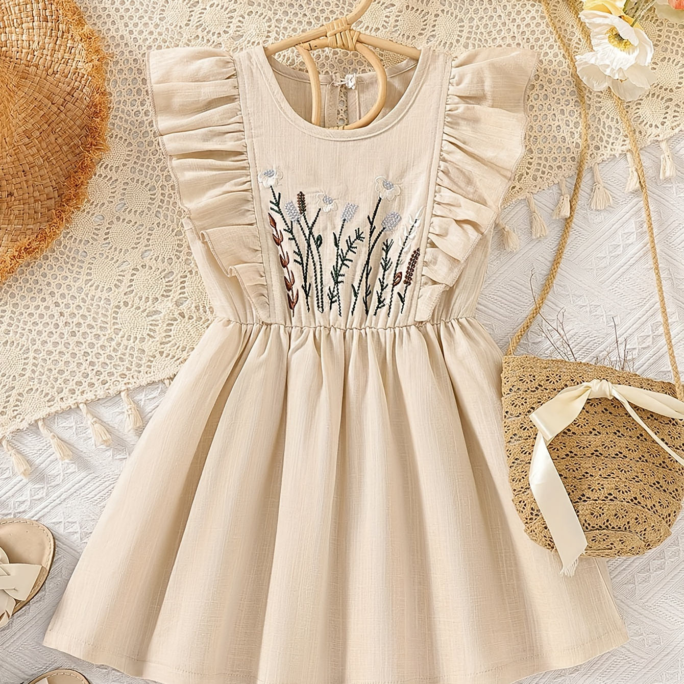 

Girls Flower Embroidery Flutter Trim Dress Elegant Dresses Spring Summer Party