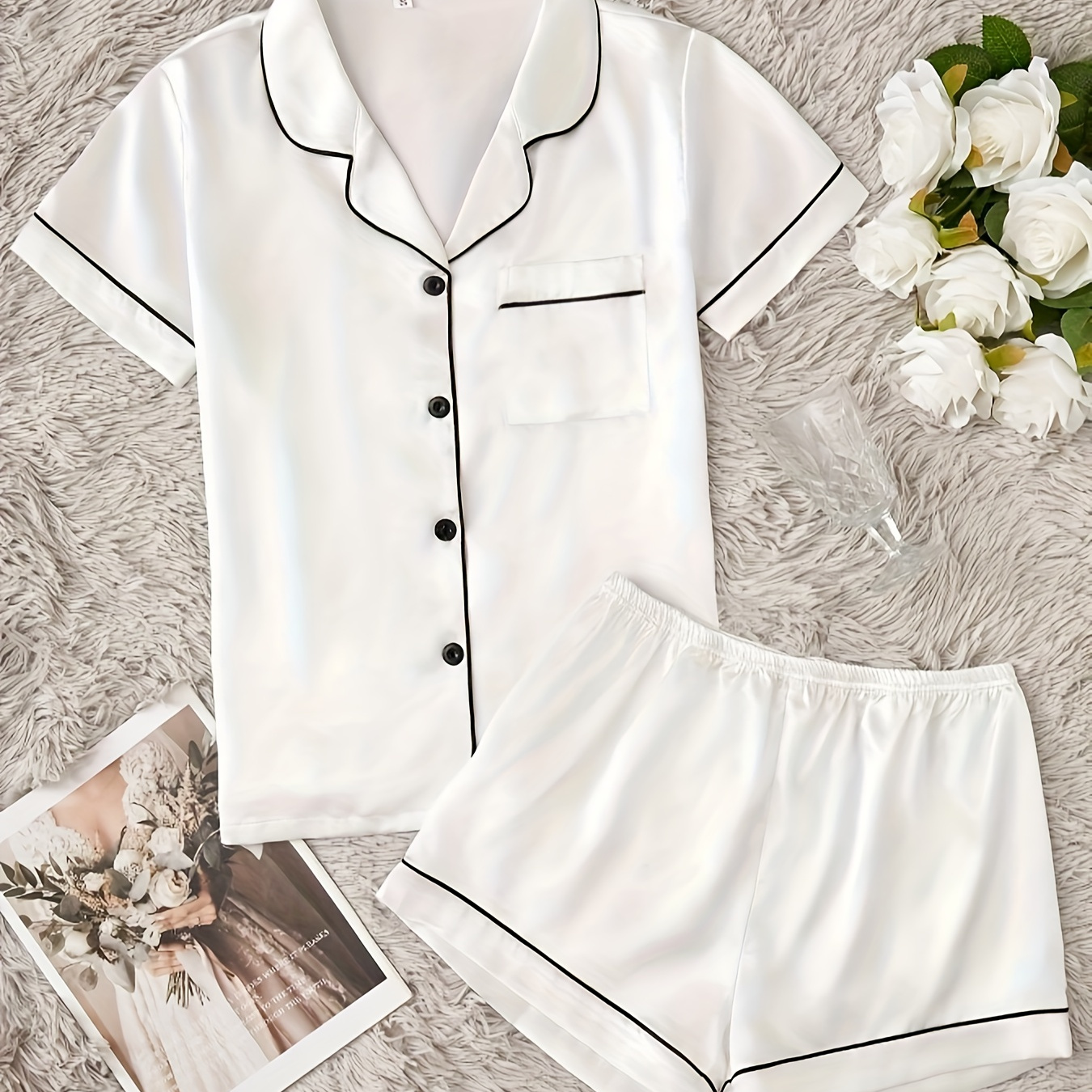 

Women's Solid Satin Casual Pajama Set, Short Sleeve Buttons Lapel Top & Shorts, Comfortable Relaxed Fit, Summer Nightwear