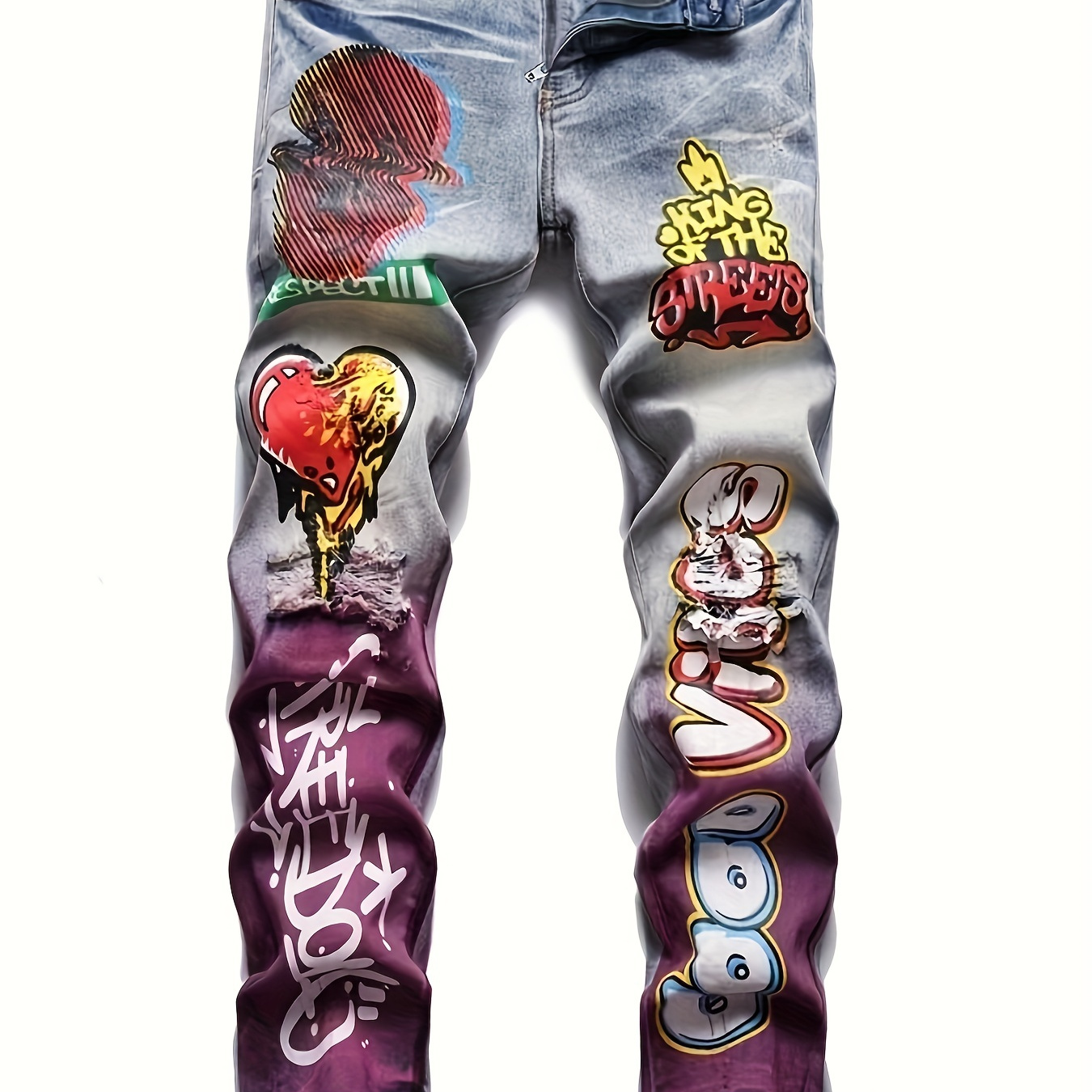 

Men's Trendy Letter Doodles Pattern Ripped Jeans Distressed Punk Men's Denim Pants Graffiti Pattern Slim Streetwear Hiphop Jeans