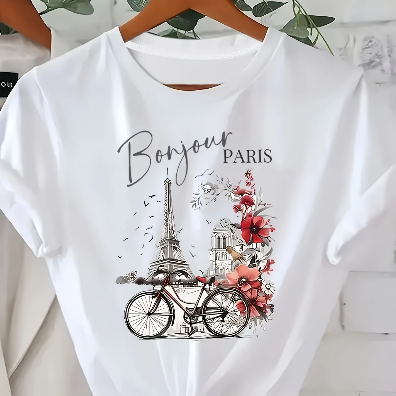 

Chic Parisian Bicycle & Floral Print T-shirt For Women - Casual Crew Neck, Short Sleeve Top, 100% Polyester, Machine Washable, , Casual Wear|floral Casual Tee|polyester Fabric