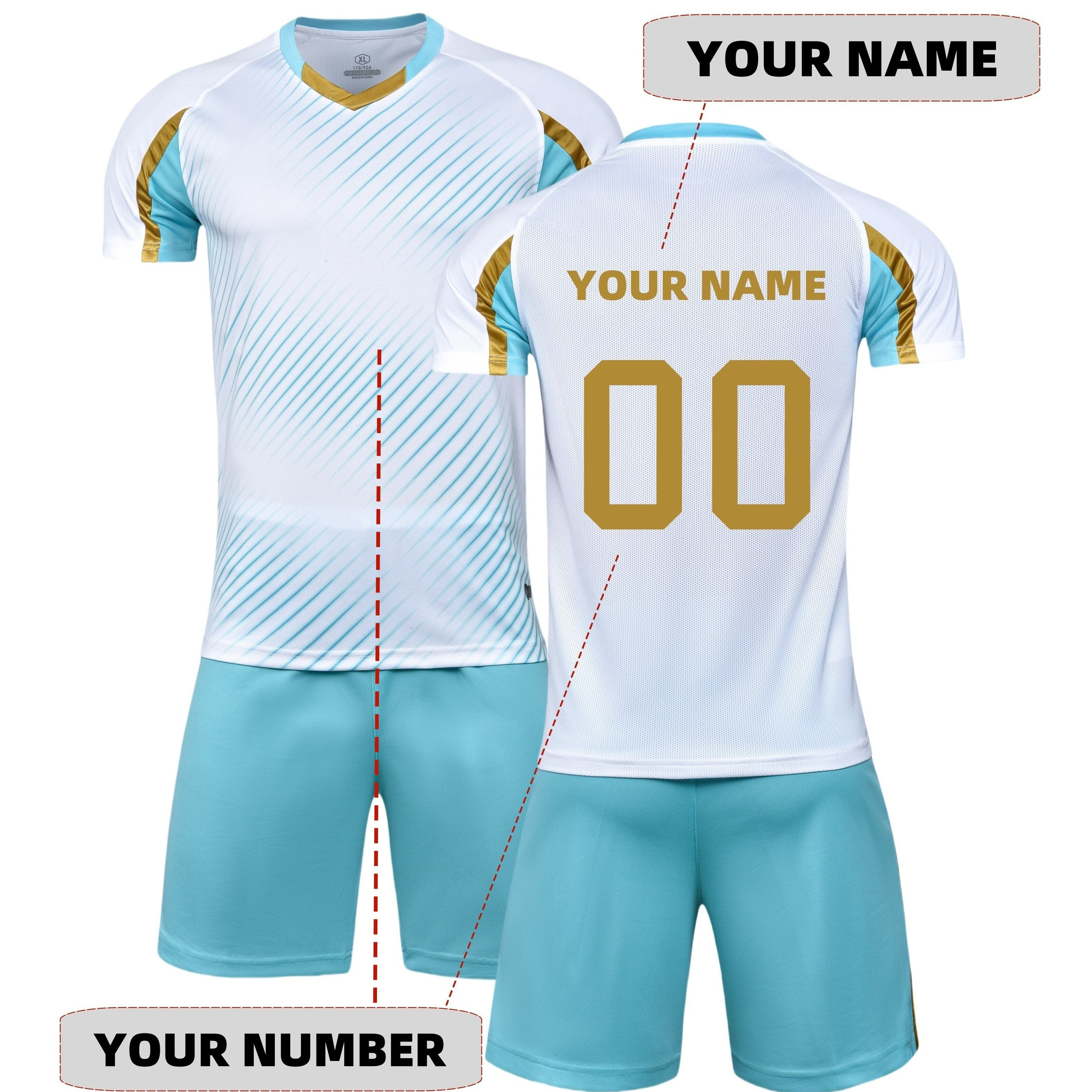 

Customized Name & Number, 2-piece Summer Soccer Training & Running Sportswear Set, Geometric Stripe Breathable Short Sleeve T-shirt And Quick-dry Shorts