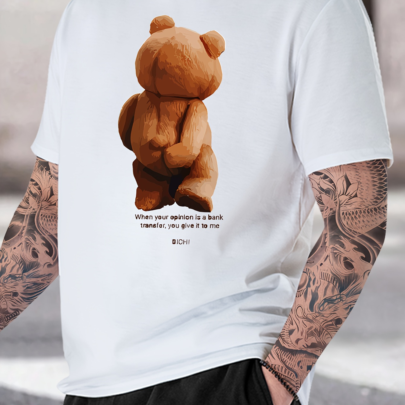 

Men's Teddy Bear Pattern And Letter Print T-shirt With Crew Neck And Short Sleeve, Tees For Men, Stylish And Funny Tops For Summer Outdoors Wear