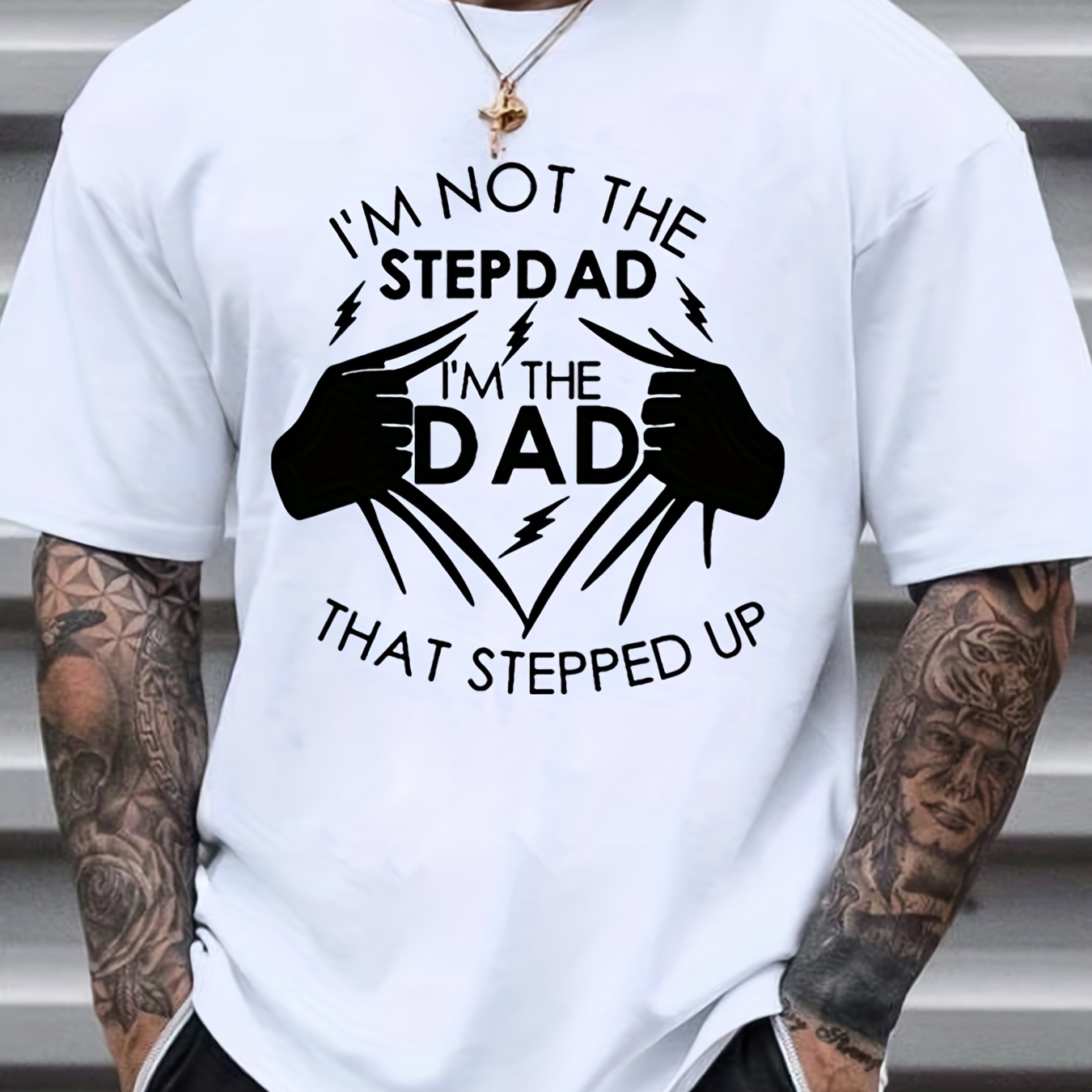 Plus Size Men's "I'm Not The Stepdad" Graphic T-shirts, Comfy Stretchy Trendy Tees For Summer, Casual Daily Style Fashion Clothings