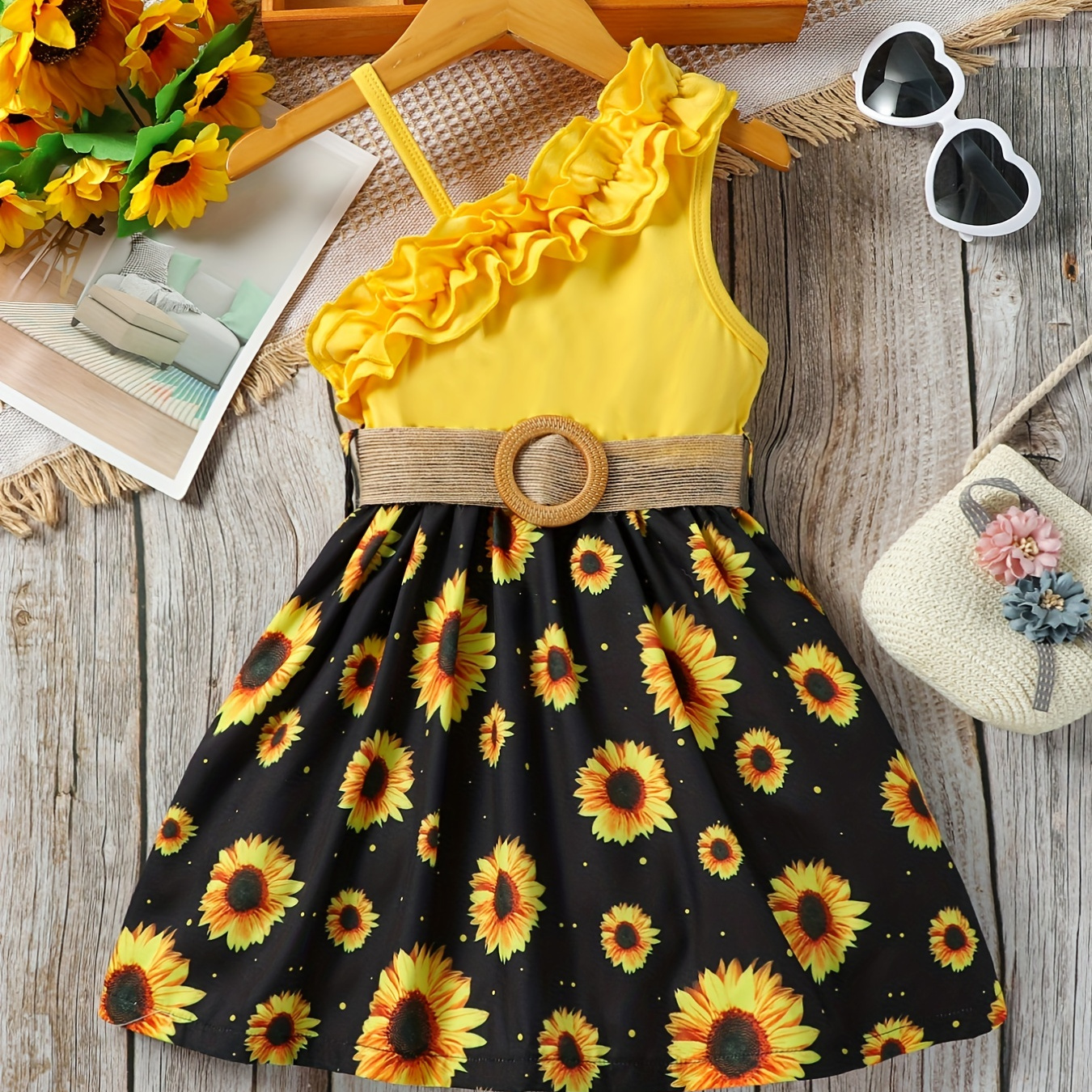 

Toddler Girls Asymmetrical Neck Ruffle Trim 1 Shoulder Sunflower Graphic Belted Princess Dress For Party Beach Vacation Kids Summer Clothes