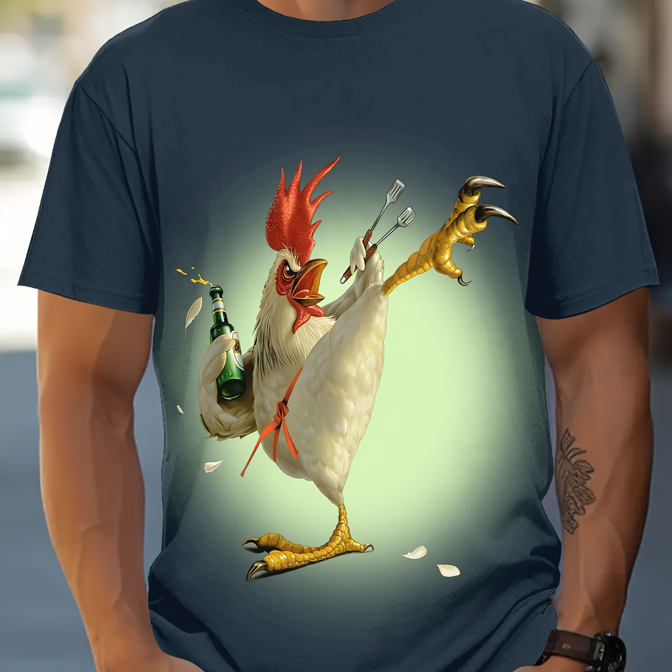 

Men's Rooster Graphic Print T-shirt, Casual Short Sleeve Crew Neck Tee, Men's Clothing For Outdoor