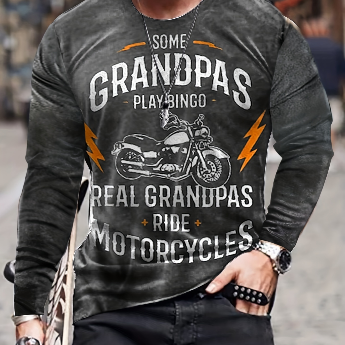 

Men's Casual Long Sleeve T-shirt With Motorcycle Print - Breathable Polyester, Crew Neck, Fitness & Outdoor Activities