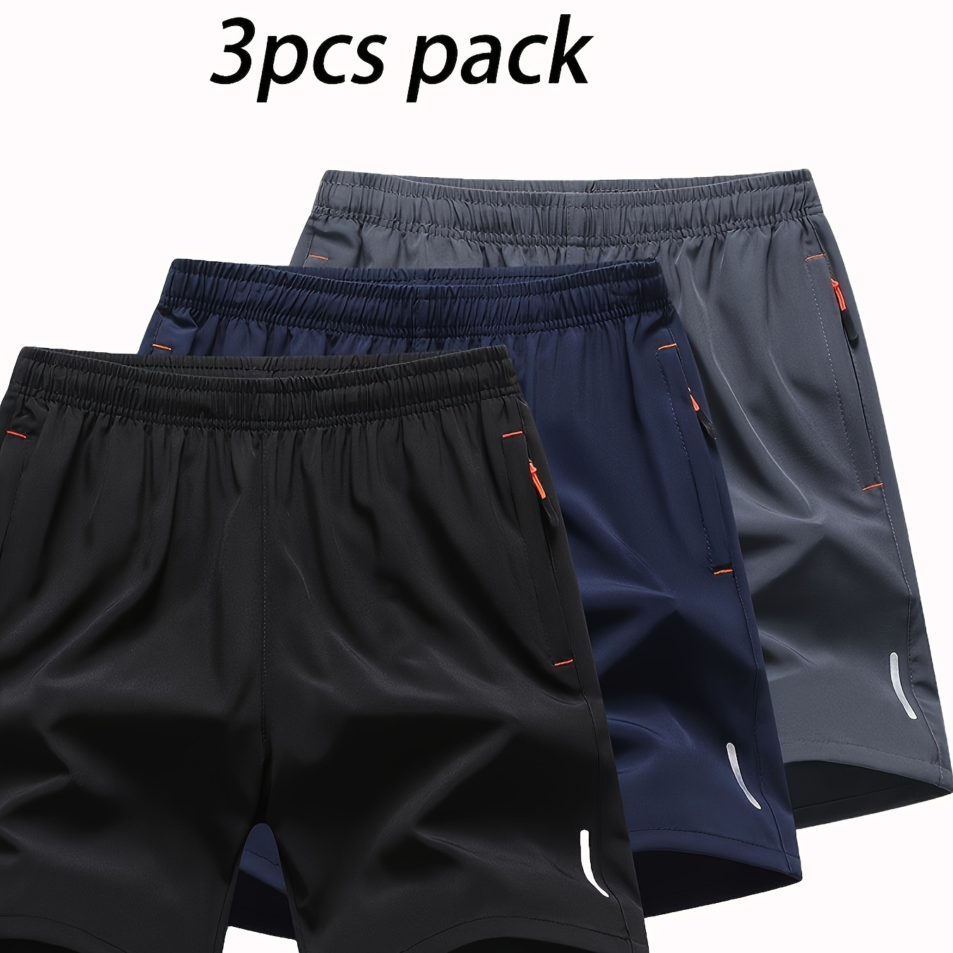 

3pcs Men's Reflective Decor Sports Shorts, Waist Trendy Fitness Shorts For Summer Training