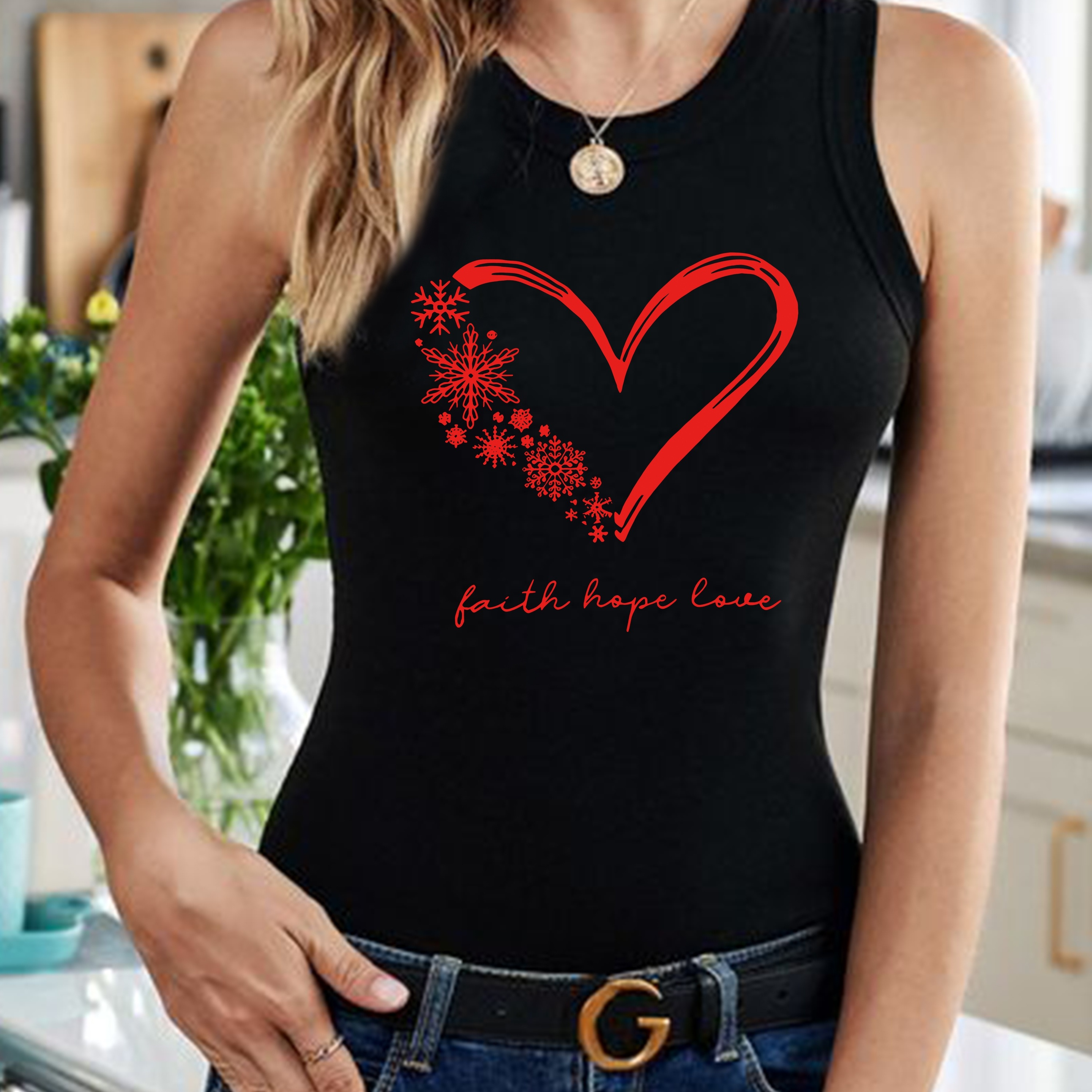 

Women's "faith, Love, Hope" Heart & Floral Print Tank Top - Stylish Black Sleeveless Sports Vest With Crew Neckline, Fitness & Casual Wear, Polyester , Gym Tank Top