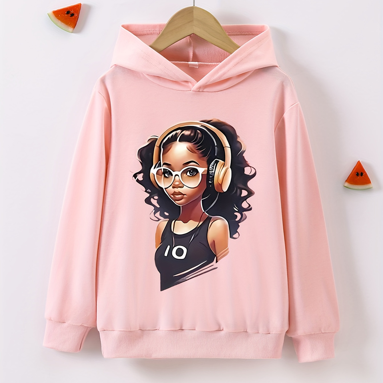 

Girls' Spring And Autumn Long Sleeve Printed "curly Hair Girl" Hooded Sweatshirt