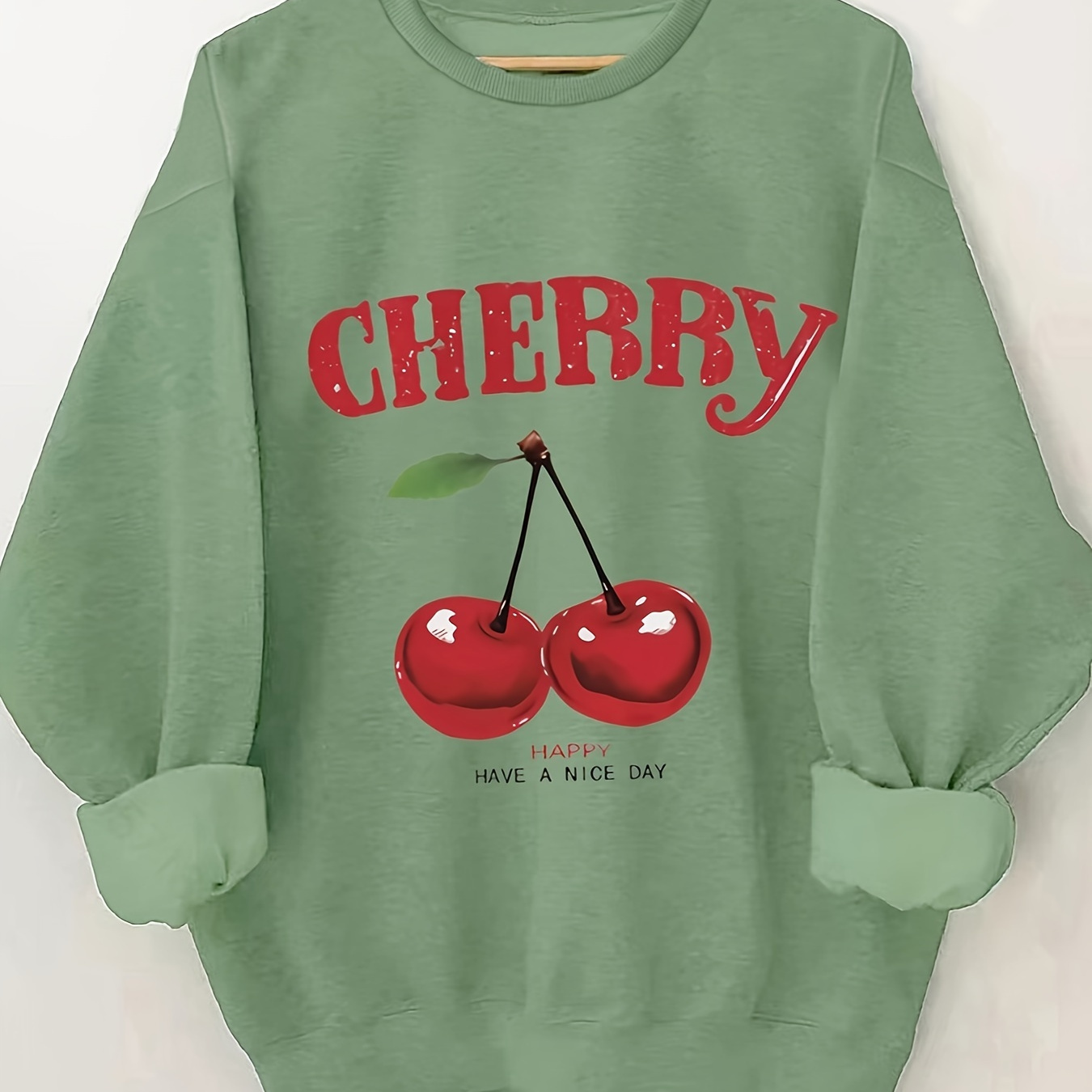 

Women's Cherry Graphic Orange Sweatshirt - Cozy Polyester Long Sleeve Crew Neck With " Day" Text, Machine Washable - Fall/winter