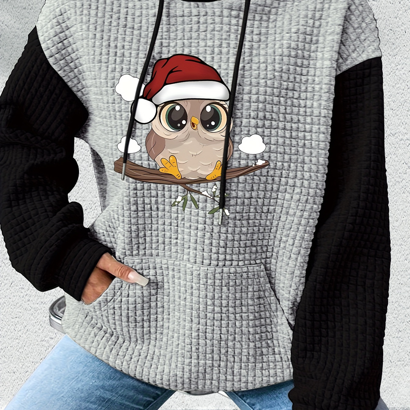 

Elegant Christmas Owl Print Hoodie Sweatshirt With Waffle Knit Texture, Polyester, Hooded, Knit Fabric, Patchwork Detail, Autumn/winter Season - Women'