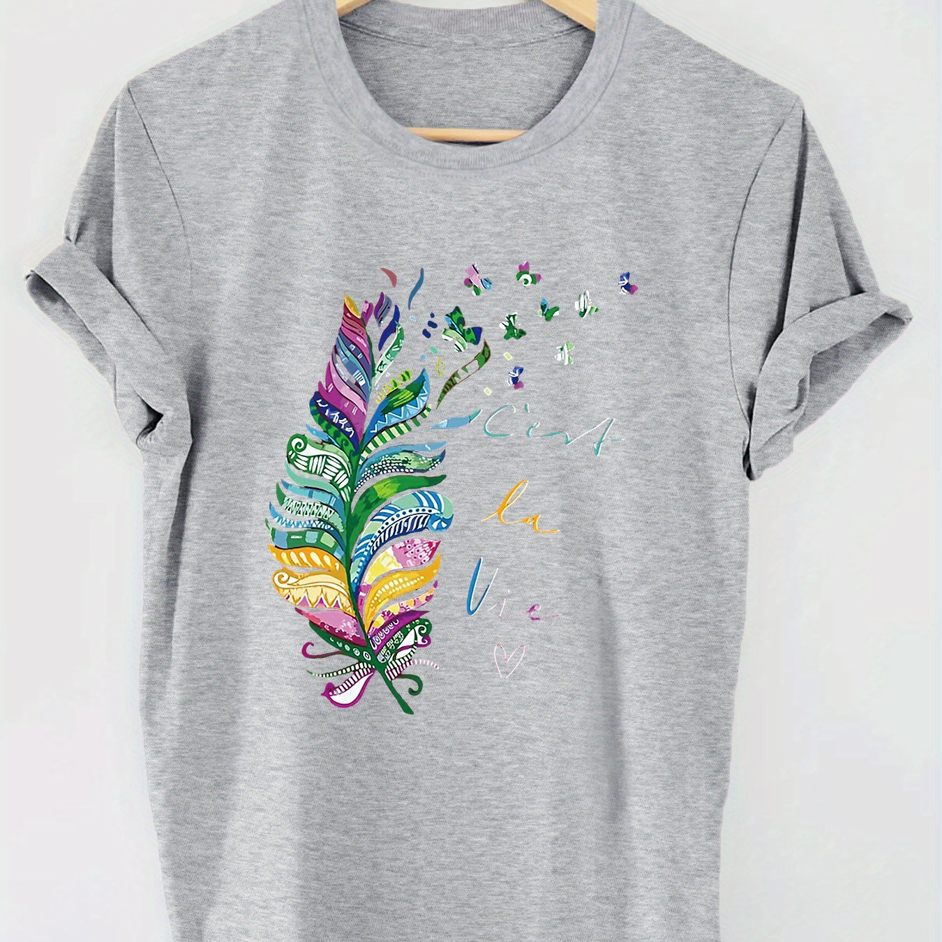

Color Feather & Butterfly Print T-shirt, Short Sleeve Crew Neck Casual Top For Summer & Spring, Women's Clothing