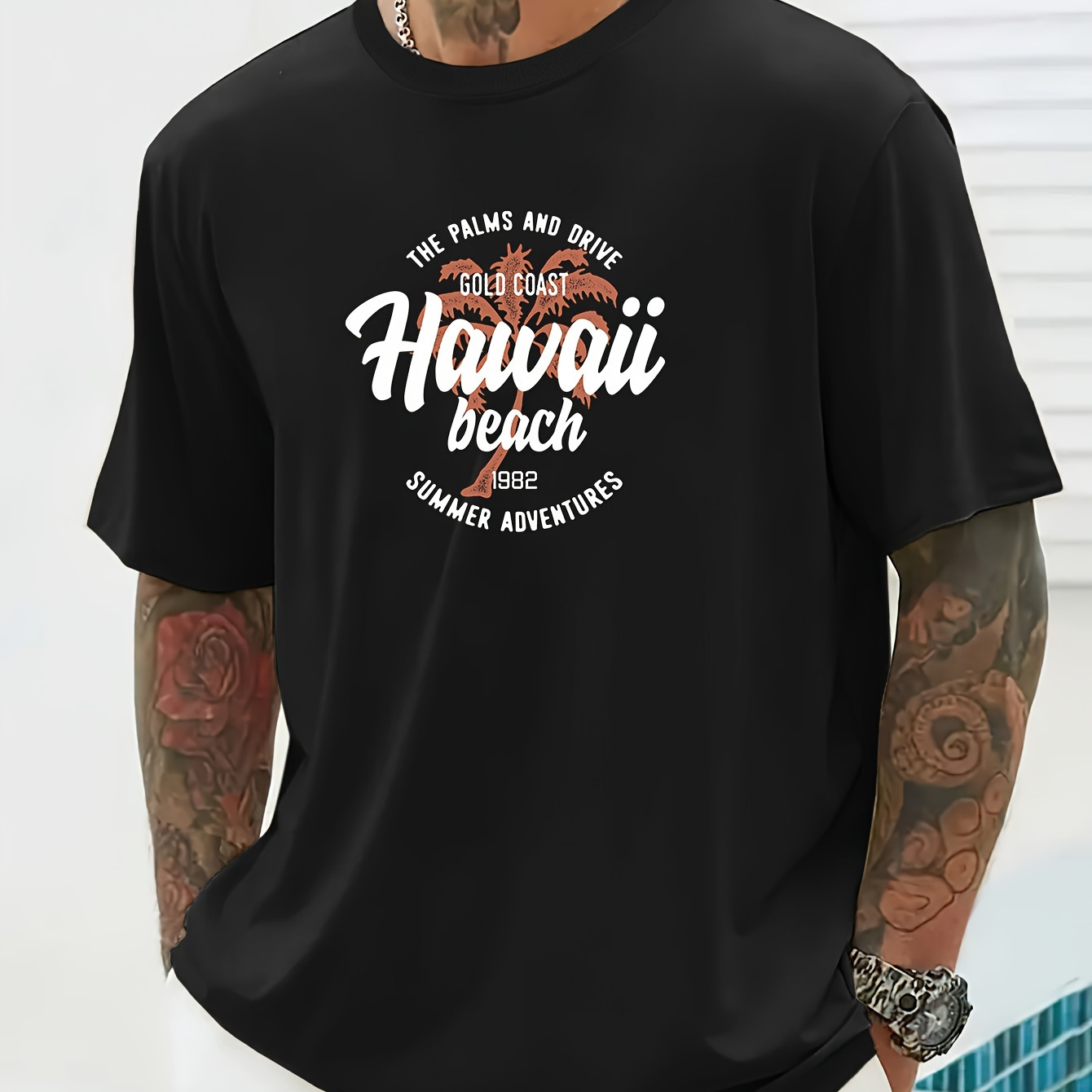 

Men's Hawaii Print Short Sleeve T-shirts, Comfy Casual Elastic Crew Neck Tops For Men's Outdoor Activities