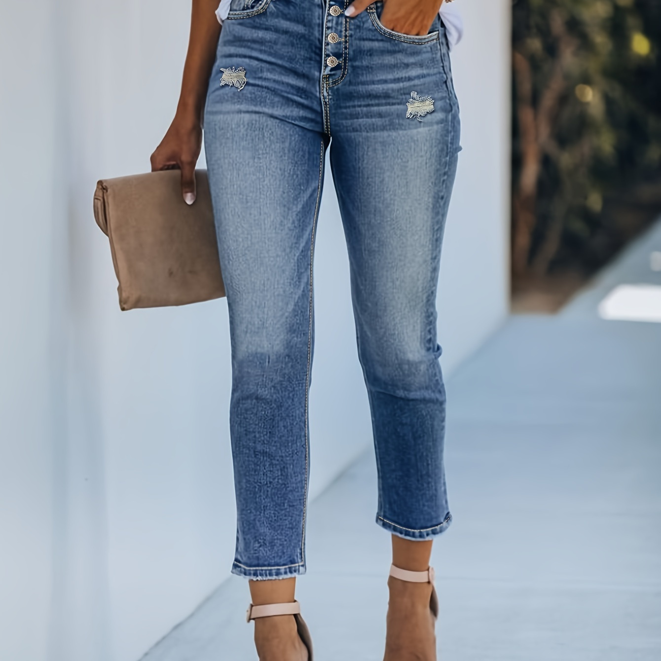 

Ripped Single-breasted Slim Fit Jens, Whiskering Distressed Cropped Denim Pants, Women's Denim Jeans & Clothing